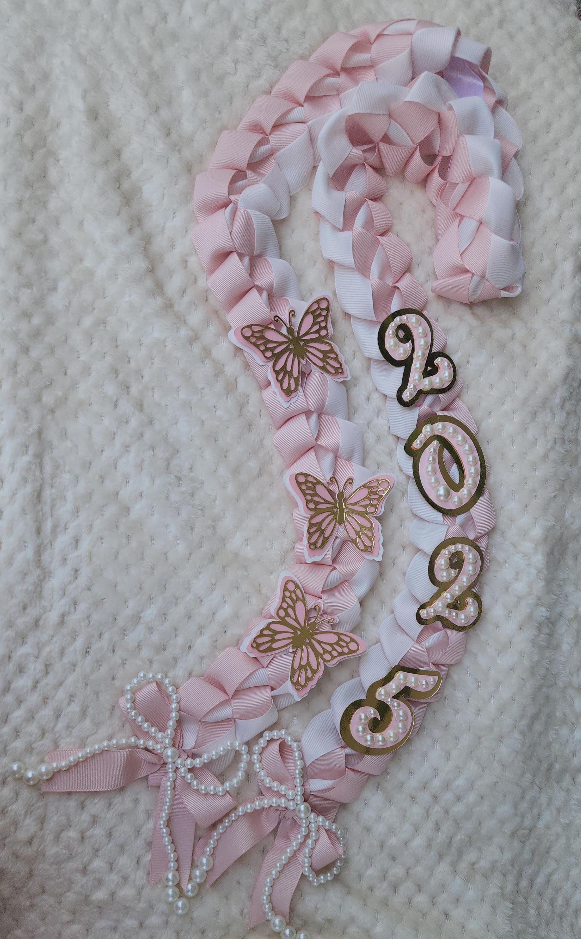 Coquette Graduation Lei: Pink Ribbon Lei with Pearl Accents, Class of 2026