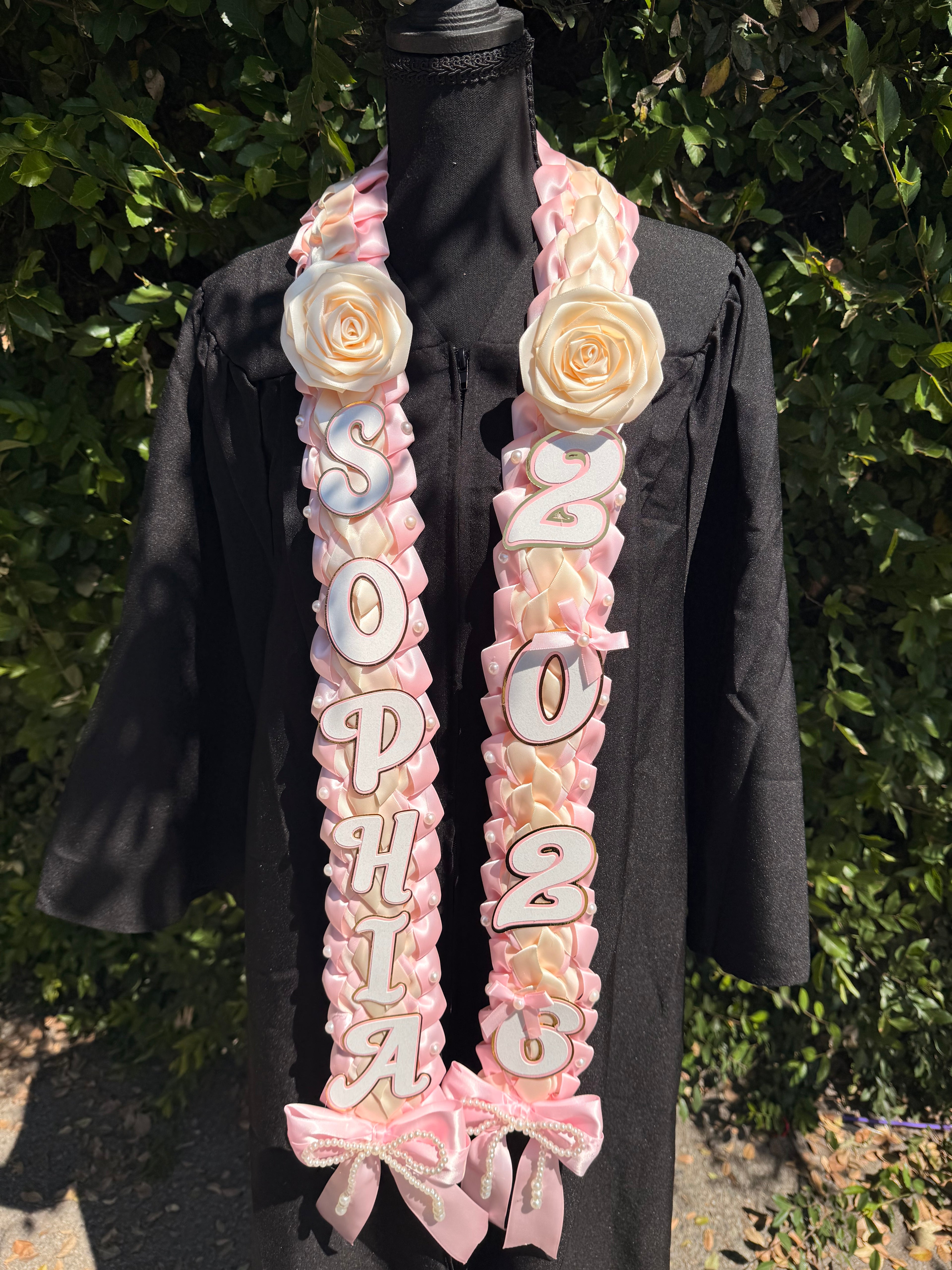 Coquette Graduation Ribbon Lei with flower and pearl Accents, Class of 2026, Double braided lei