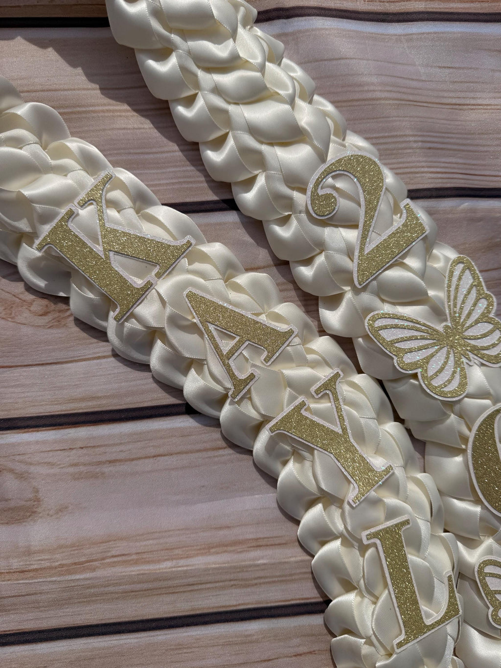 Graduation Lei: Ivory Satin Double Braid with Pearl Bows, Butterflies, Class of 2026