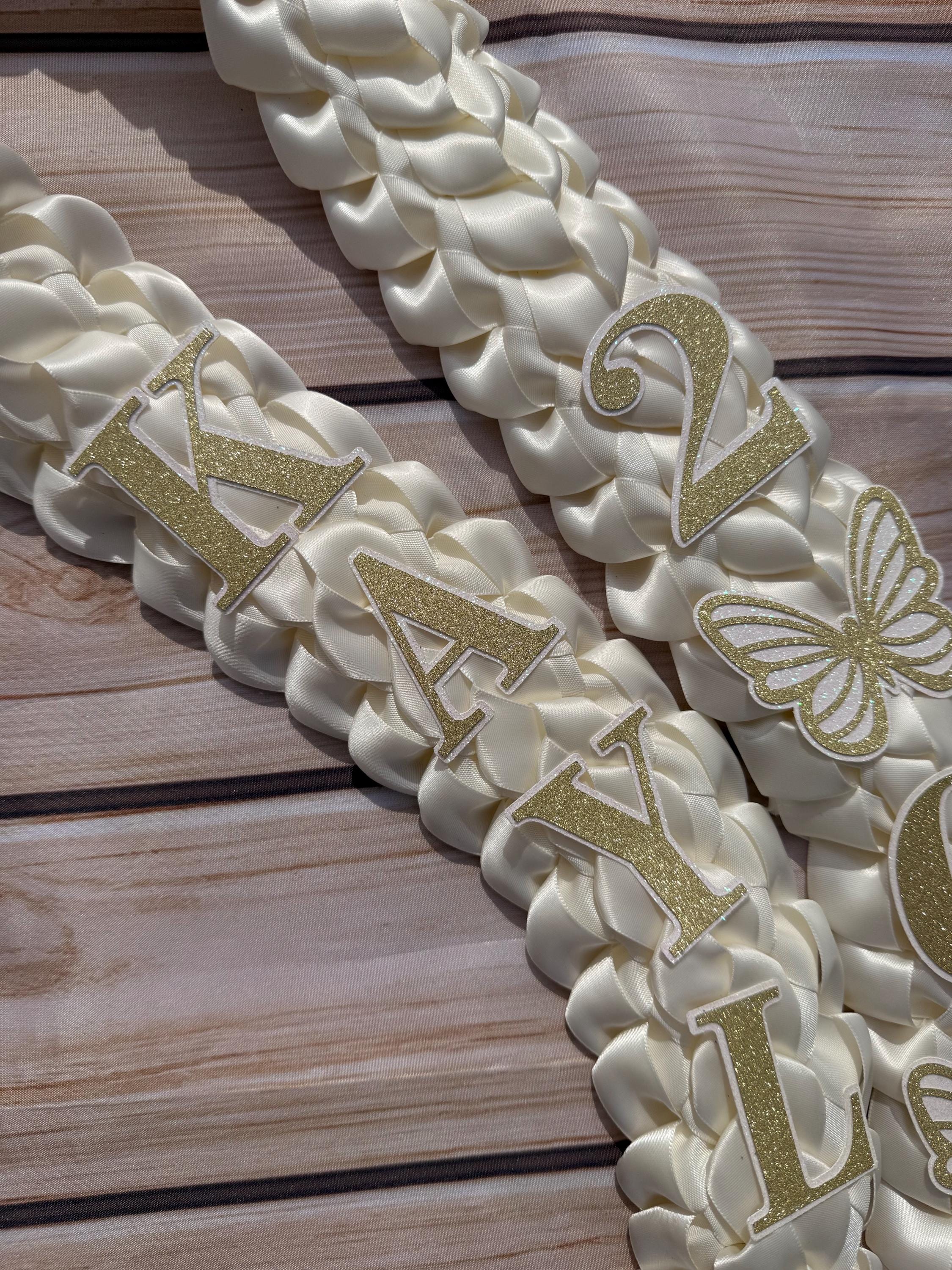 Graduation Lei: Ivory Satin Double Braid with Pearl Bows, Butterflies, Class of 2026