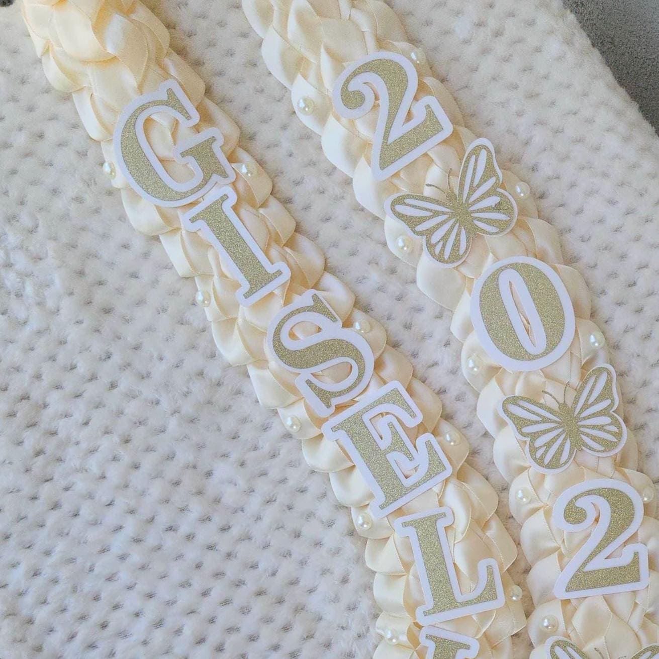 Coquette Graduation Ribbon Lei withPearl Accents, Class of 2026, Double braided lei