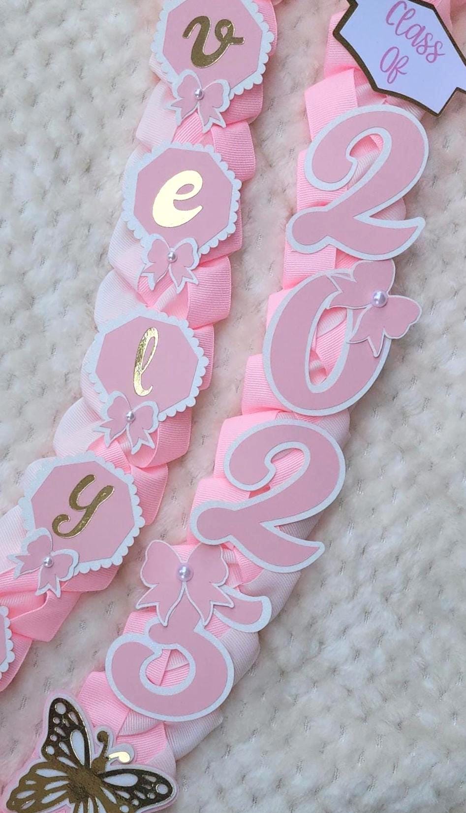 Coquette Graduation Ribbon Lei with Pink Bows and Butterfly Embellishments, Class of 2026 gift