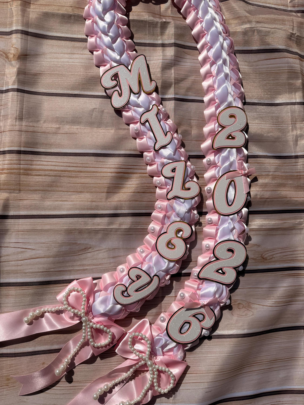 Coquette Graduation Ribbon Lei withPearl Accents, Class of 2026, Double braided lei