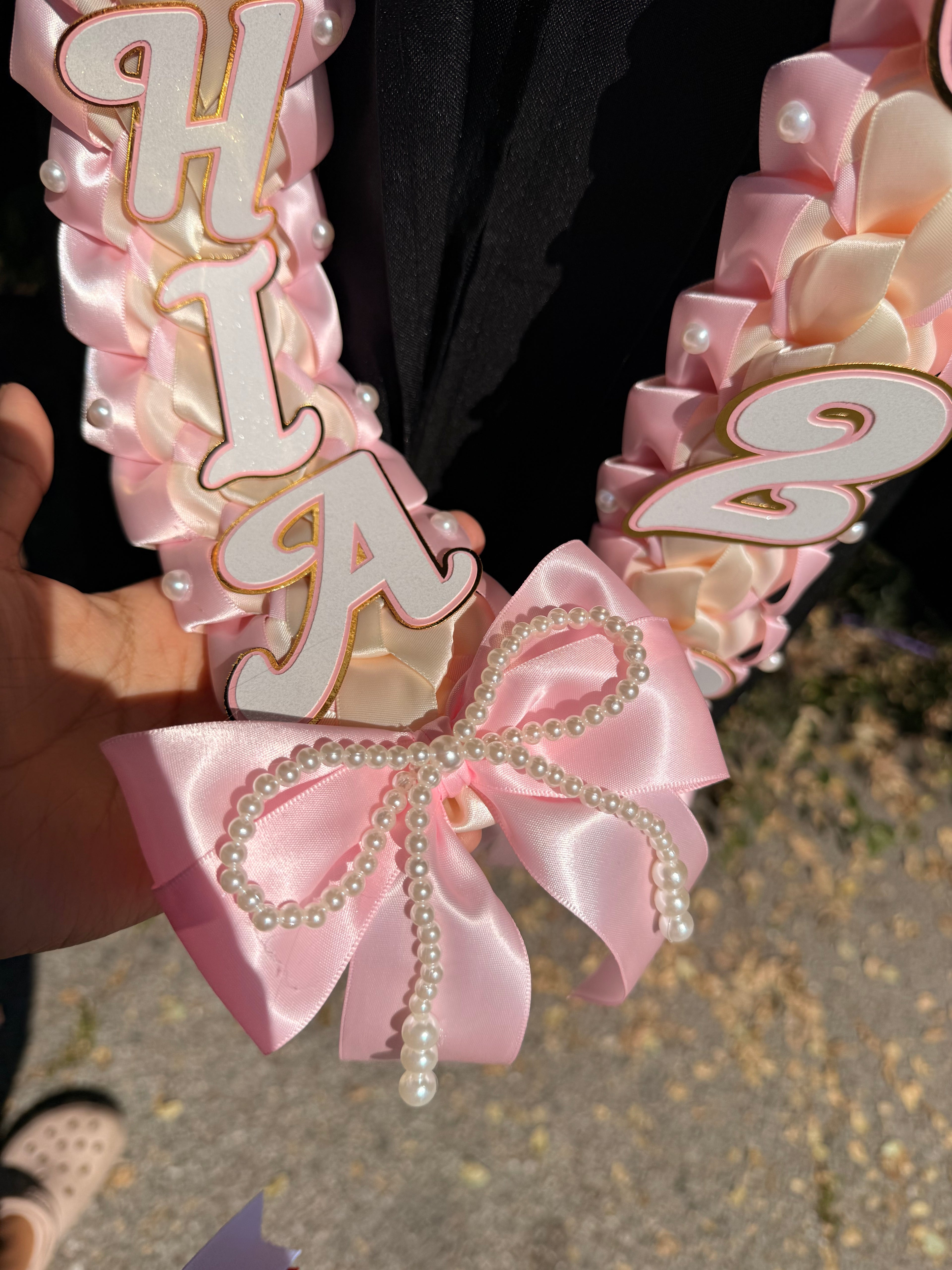 Coquette Graduation Ribbon Lei with flower and pearl Accents, Class of 2026, Double braided lei