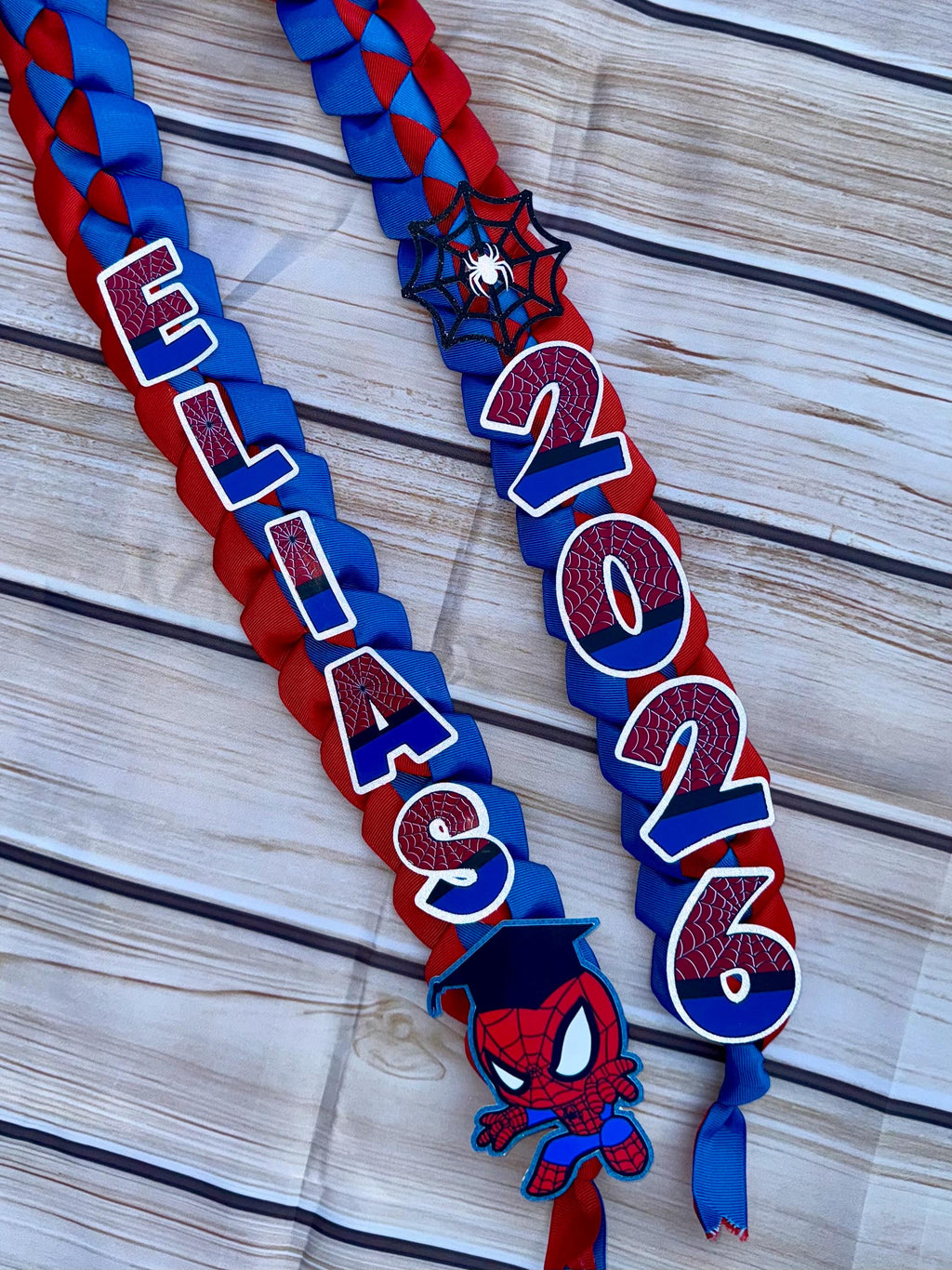 Handmade Spider Graduation Lei: Red & Blue Ribbon, Class of 2026