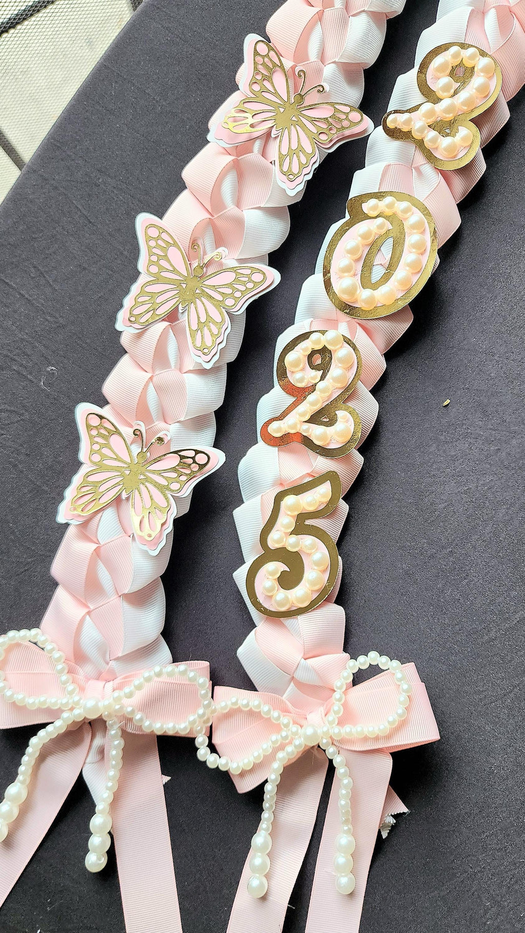 Coquette Graduation Lei: Pink Ribbon Lei with Pearl Accents, Class of 2026