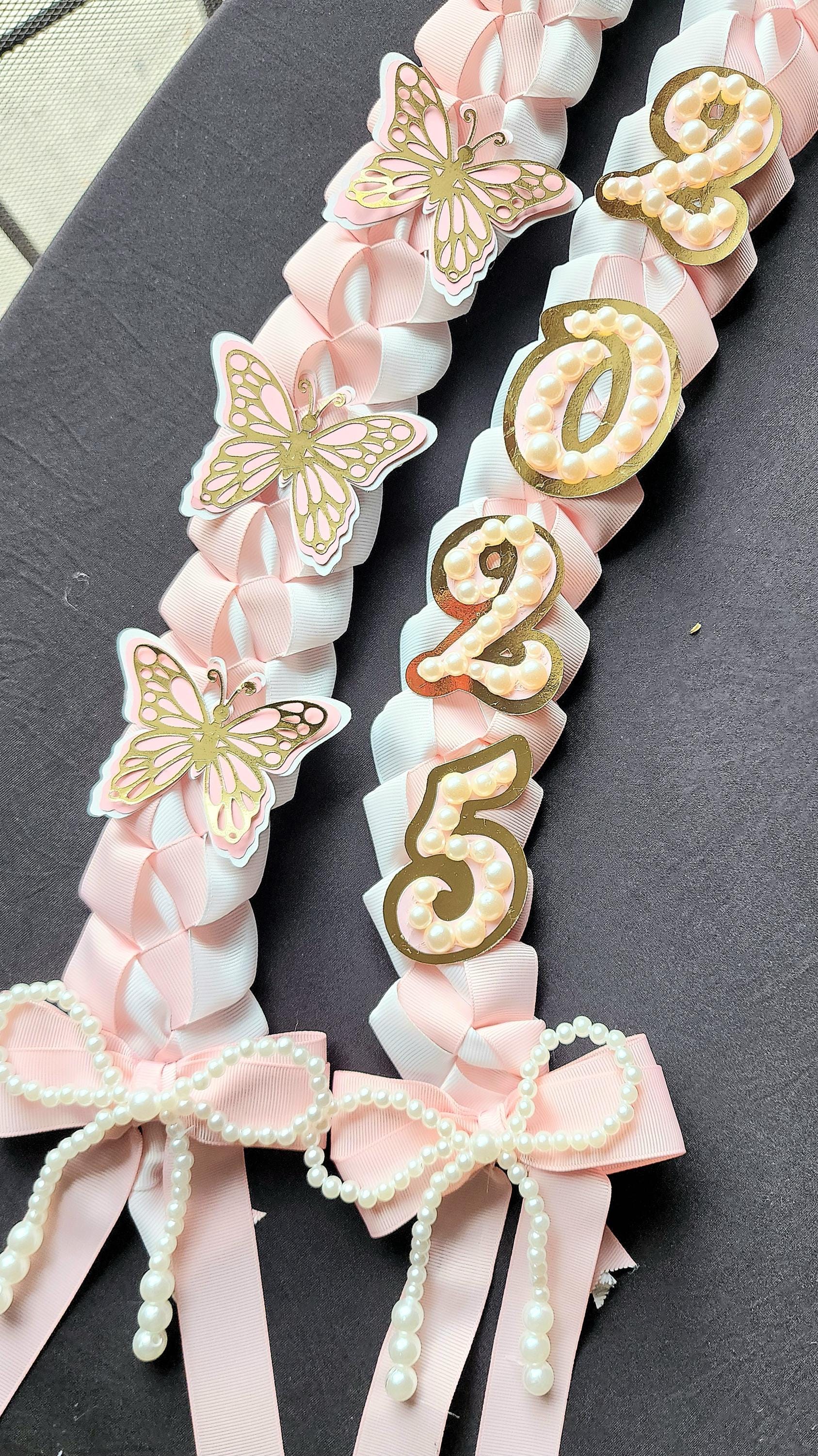 Coquette Graduation Lei: Pink Ribbon Lei with Pearl Accents, Class of 2026