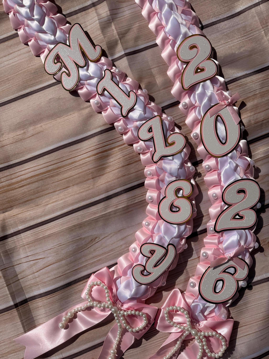 Coquette Graduation Ribbon Lei withPearl Accents, Class of 2026, Double braided lei