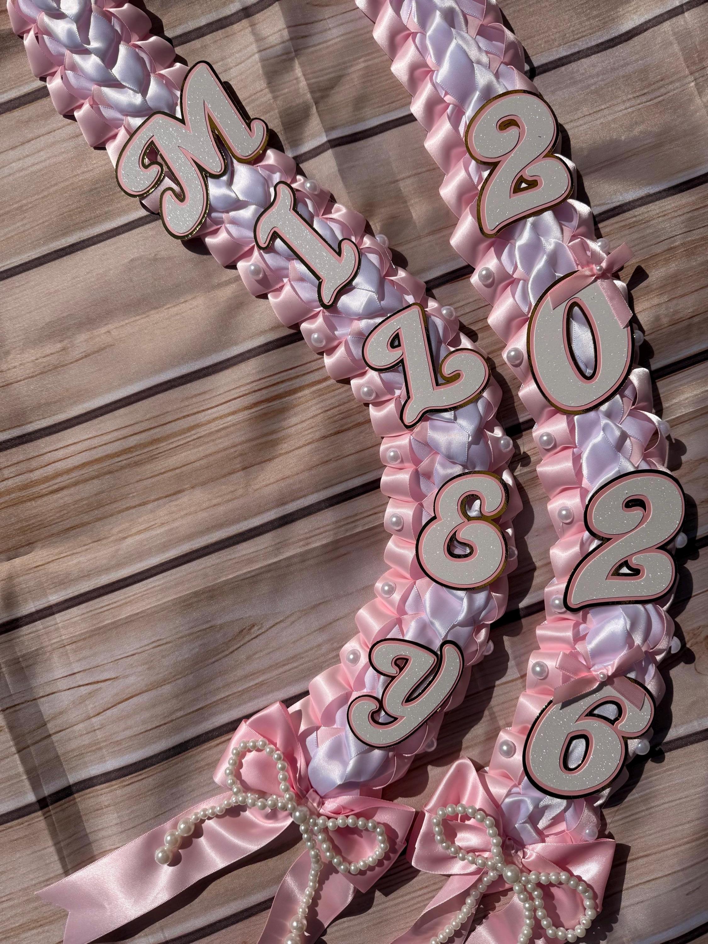 Coquette Graduation Ribbon Lei withPearl Accents, Class of 2026, Double braided lei
