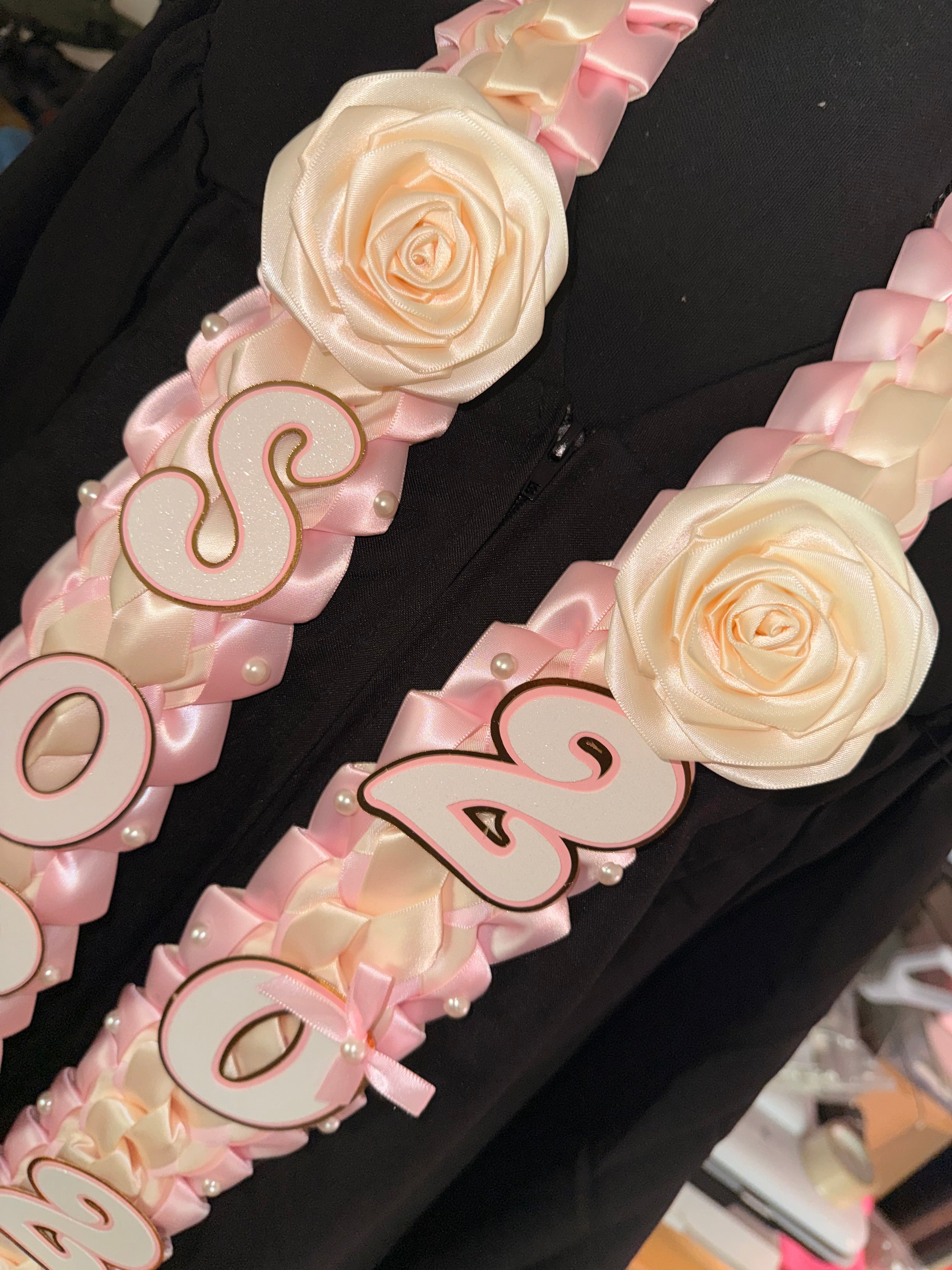 Coquette Graduation Ribbon Lei with flower and pearl Accents, Class of 2026, Double braided lei