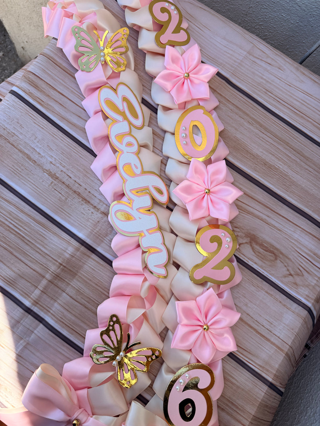 Graduation Ribbon Lei 2026 Pink Satin Braid Lei Personalized Name Graduation Lei Butterfly Grad Lei High School or College gift