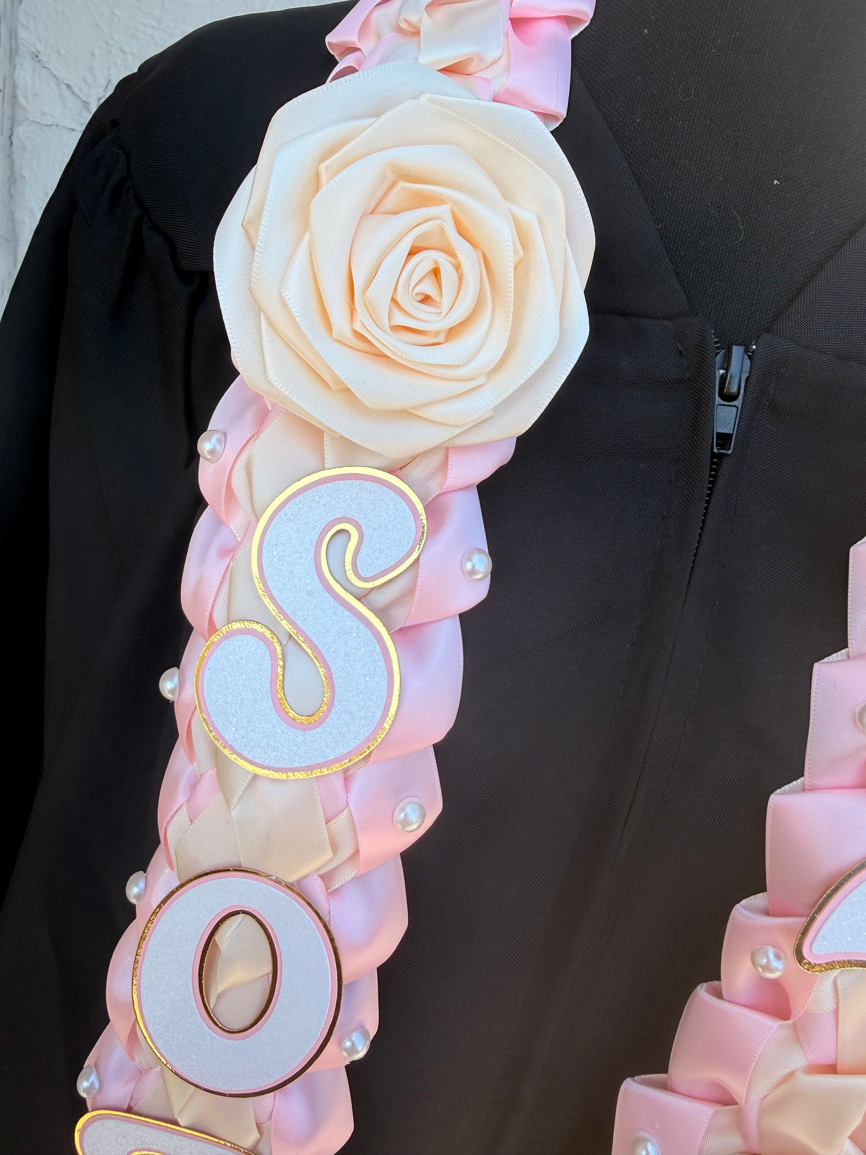 Coquette Graduation Ribbon Lei with flower and pearl Accents, Class of 2026, Double braided lei