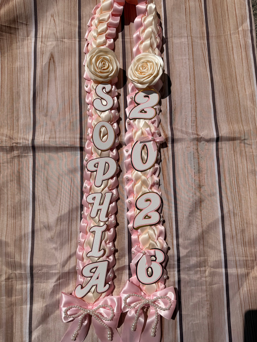 Coquette Graduation Ribbon Lei with flower and pearl Accents, Class of 2026, Double braided lei