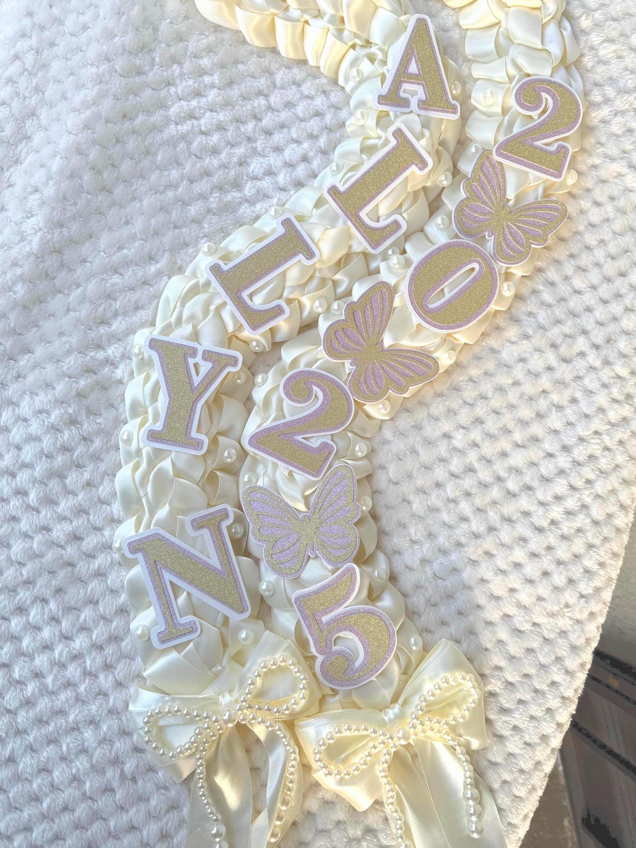 Coquette Graduation Ribbon Lei withPearl Accents, Class of 2026, Double braided lei