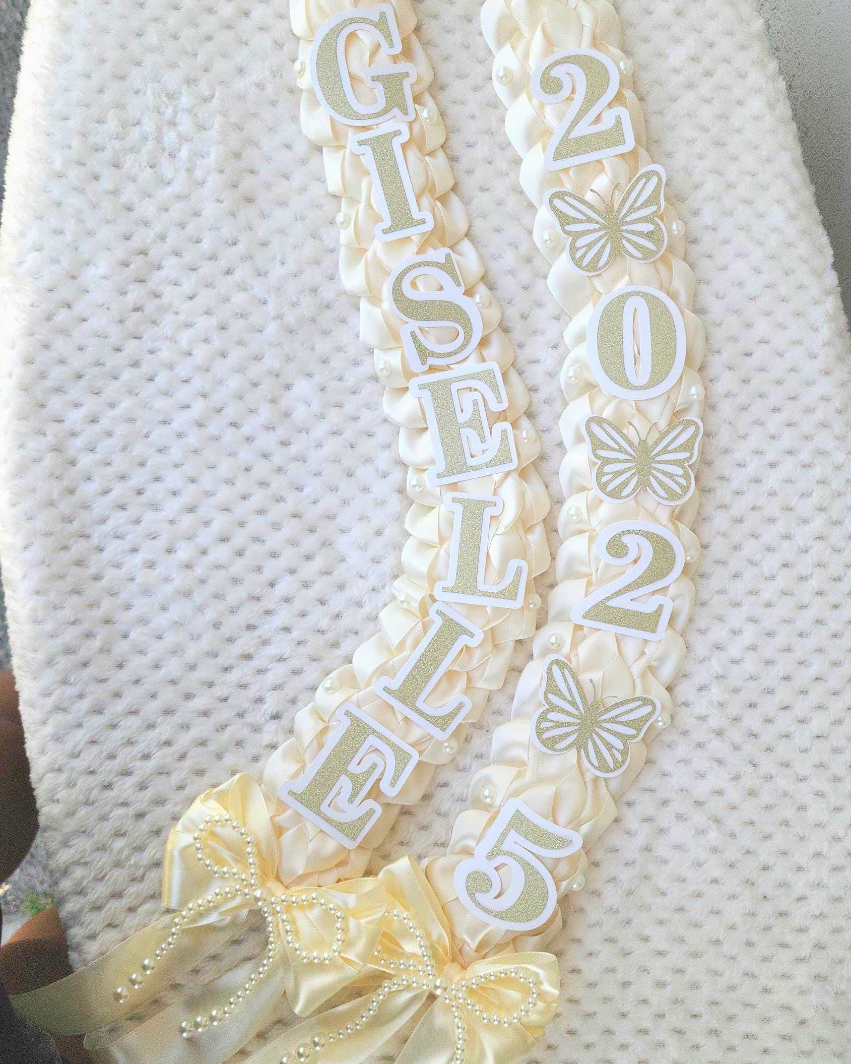 Coquette Graduation Ribbon Lei withPearl Accents, Class of 2026, Double braided lei