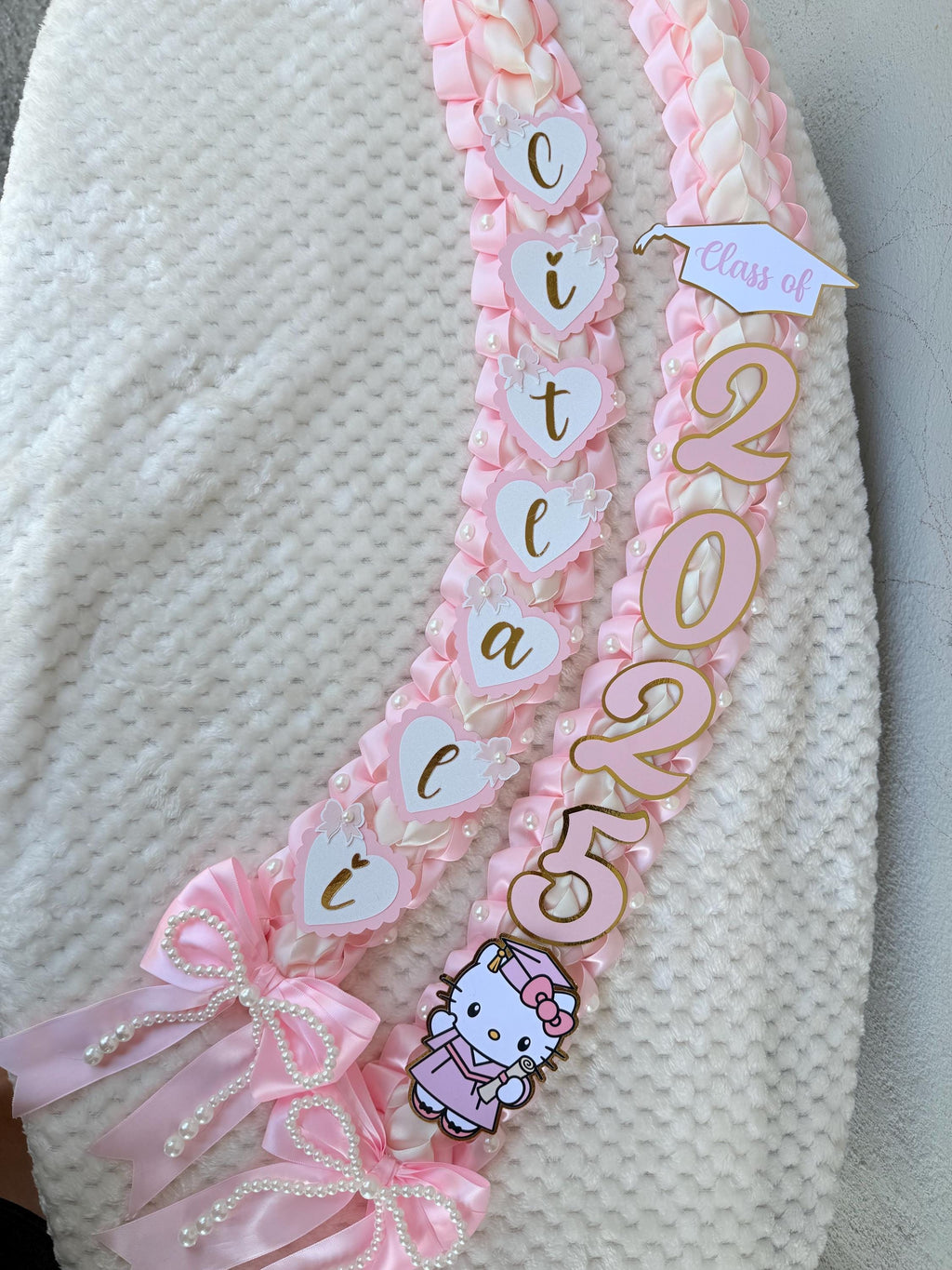 Coquette Graduation Ribbon Lei withPearl Accents, Class of 2026, Double braided lei