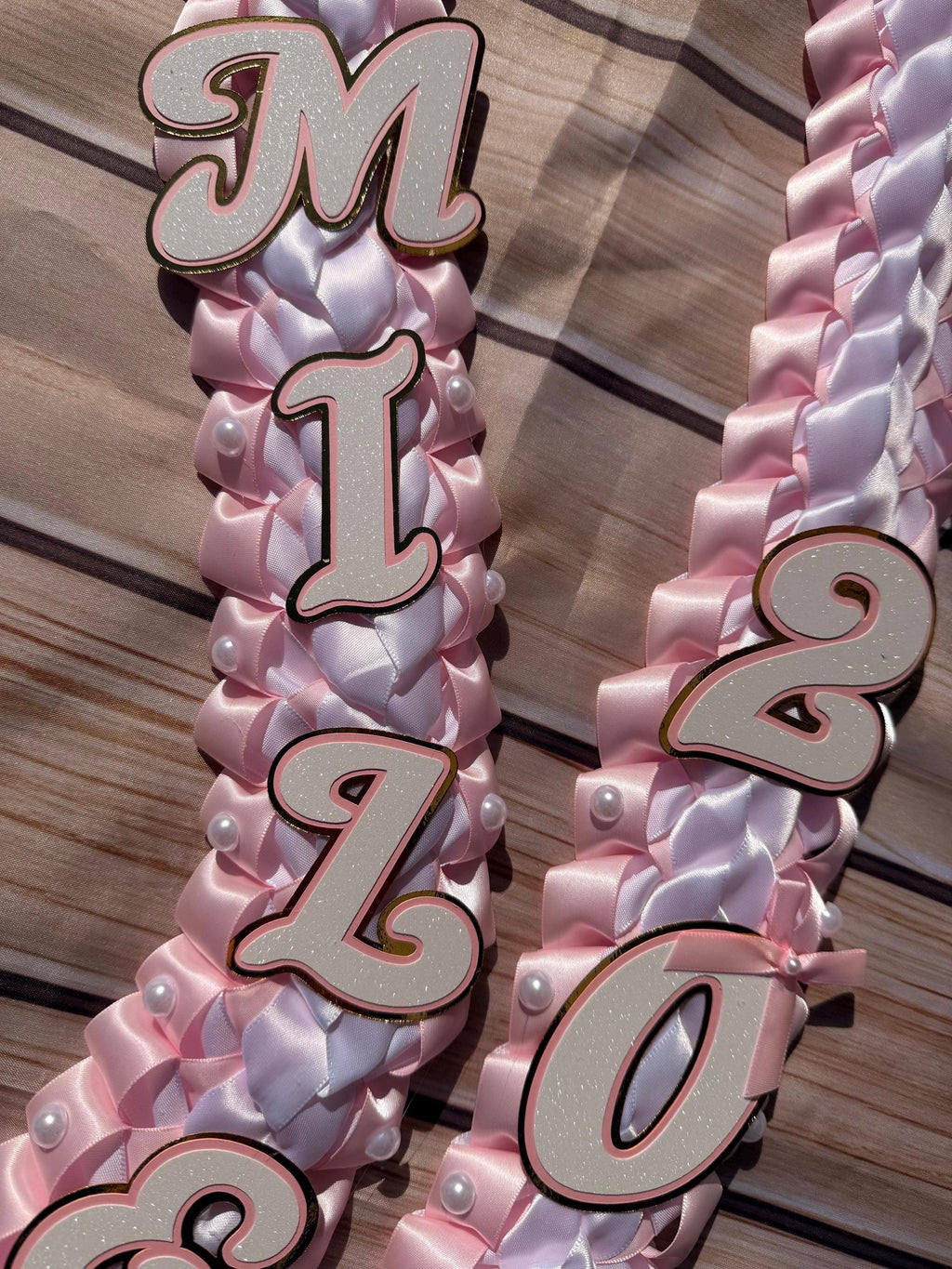 Coquette Graduation Ribbon Lei withPearl Accents, Class of 2026, Double braided lei