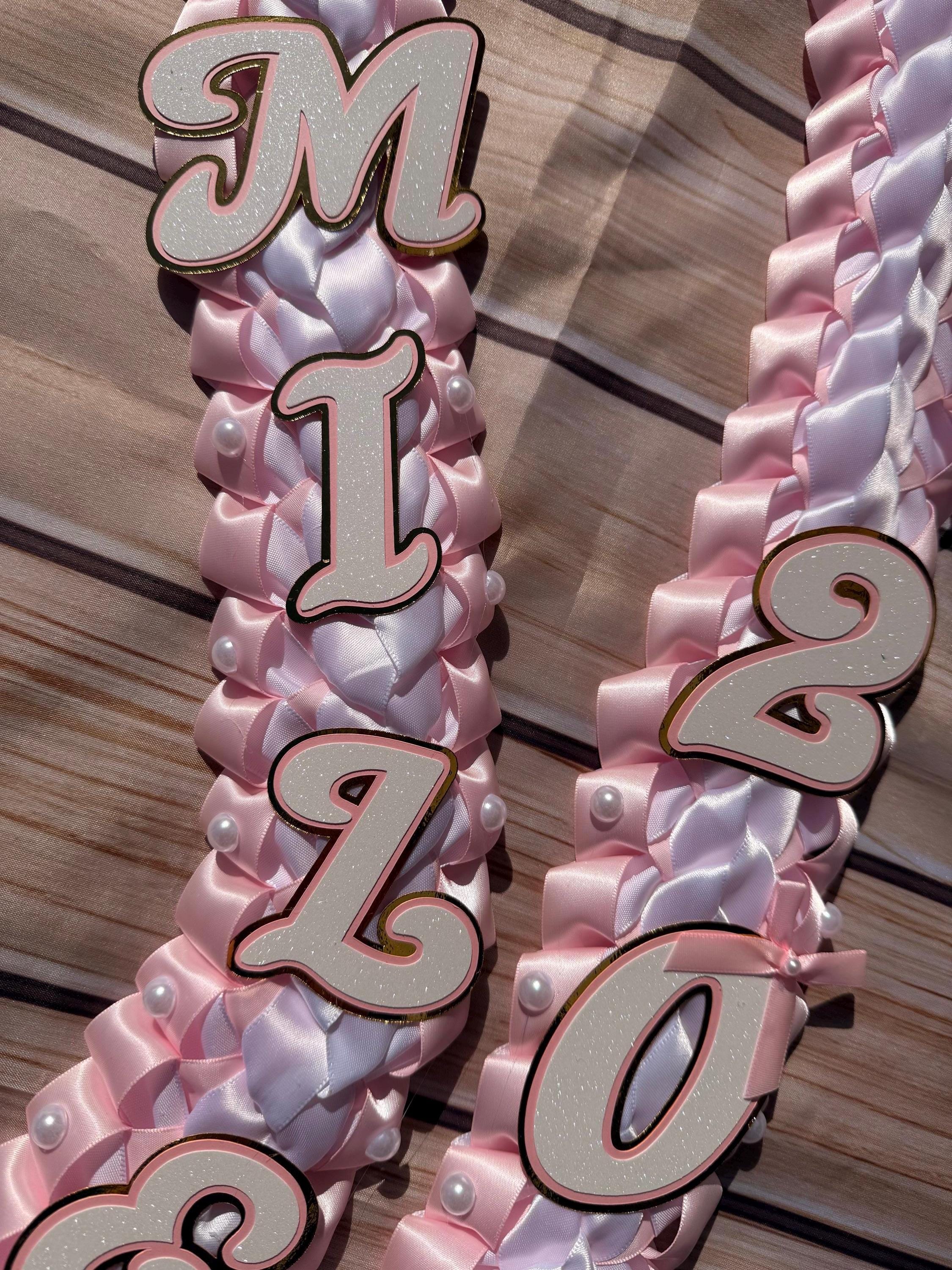 Coquette Graduation Ribbon Lei withPearl Accents, Class of 2026, Double braided lei