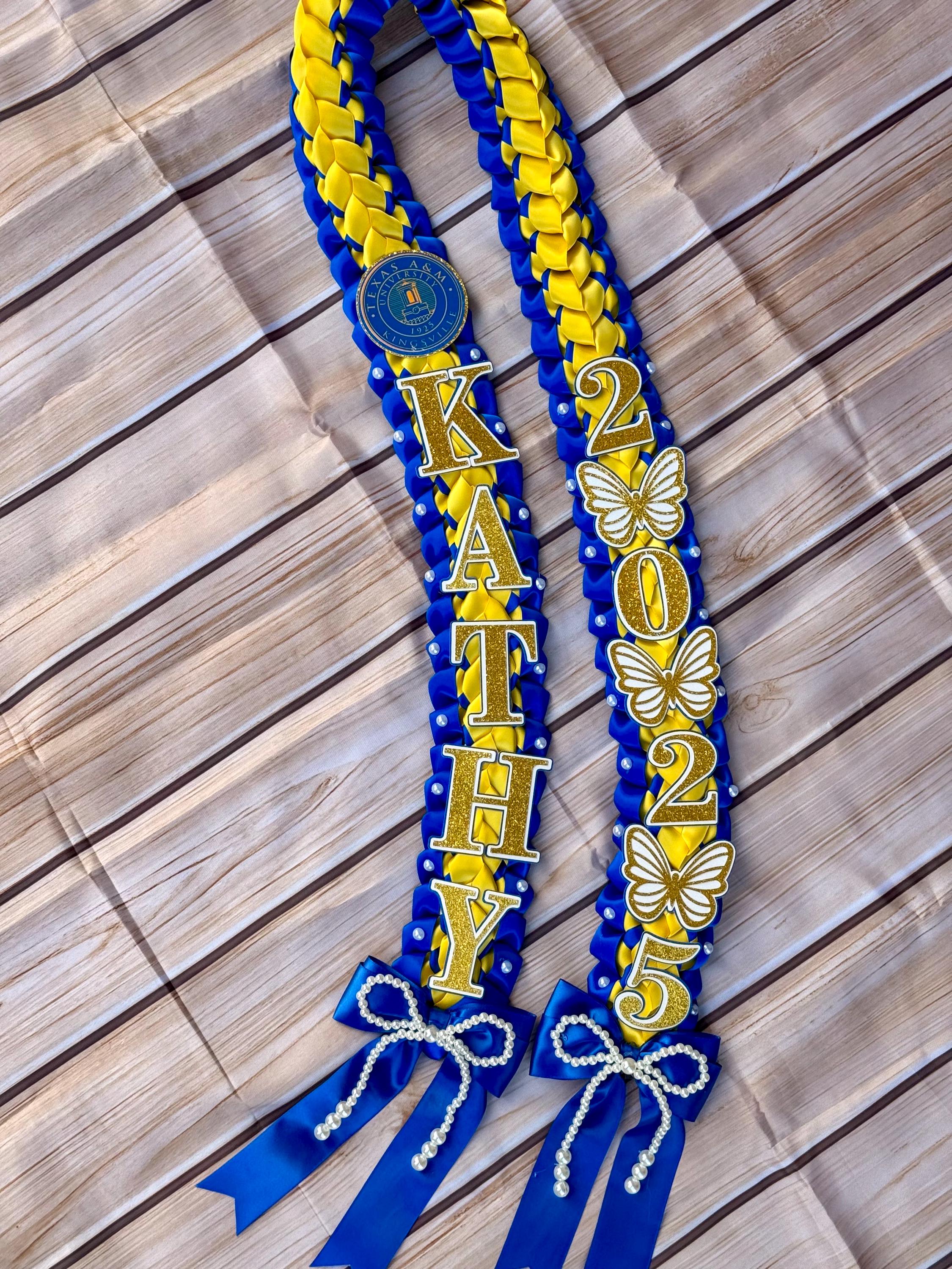 Coquette Graduation Ribbon Lei withPearl Accents, Class of 2026, Double braided lei