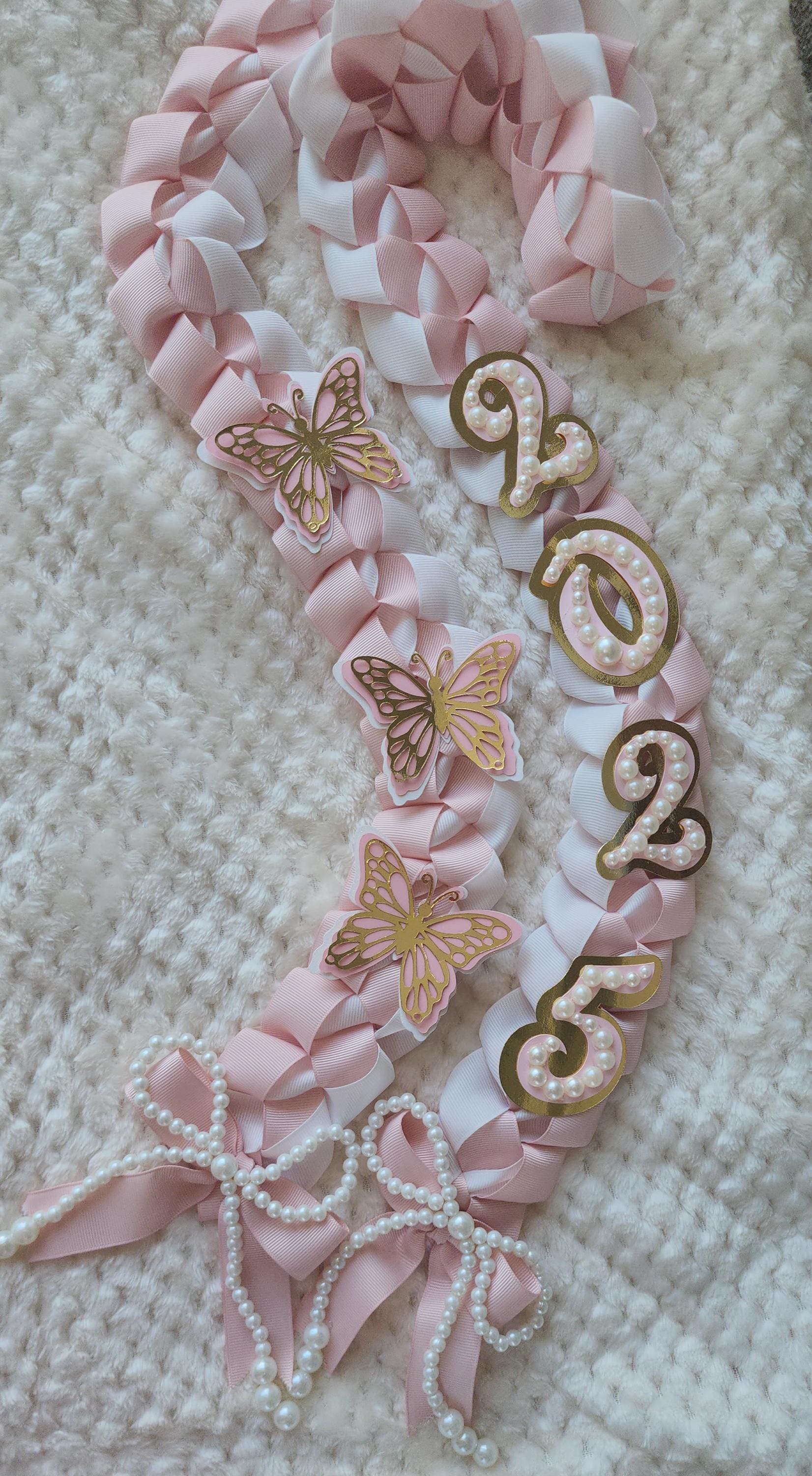 Coquette Graduation Lei: Pink Ribbon Lei with Pearl Accents, Class of 2026