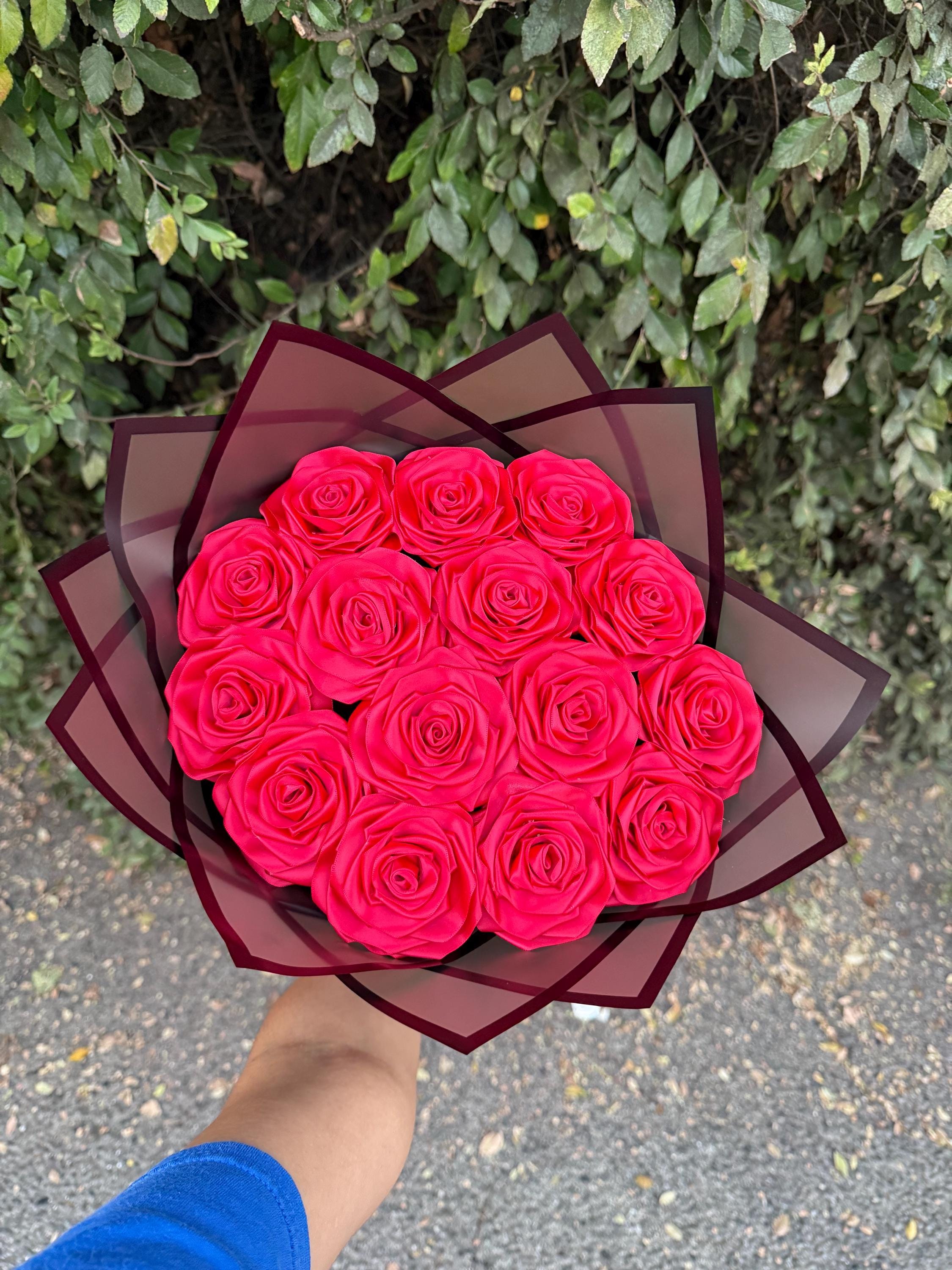 Handmade Red Ribbon Rose Bouquet • Forever Rose Gift • Long-Lasting Floral Arrangement