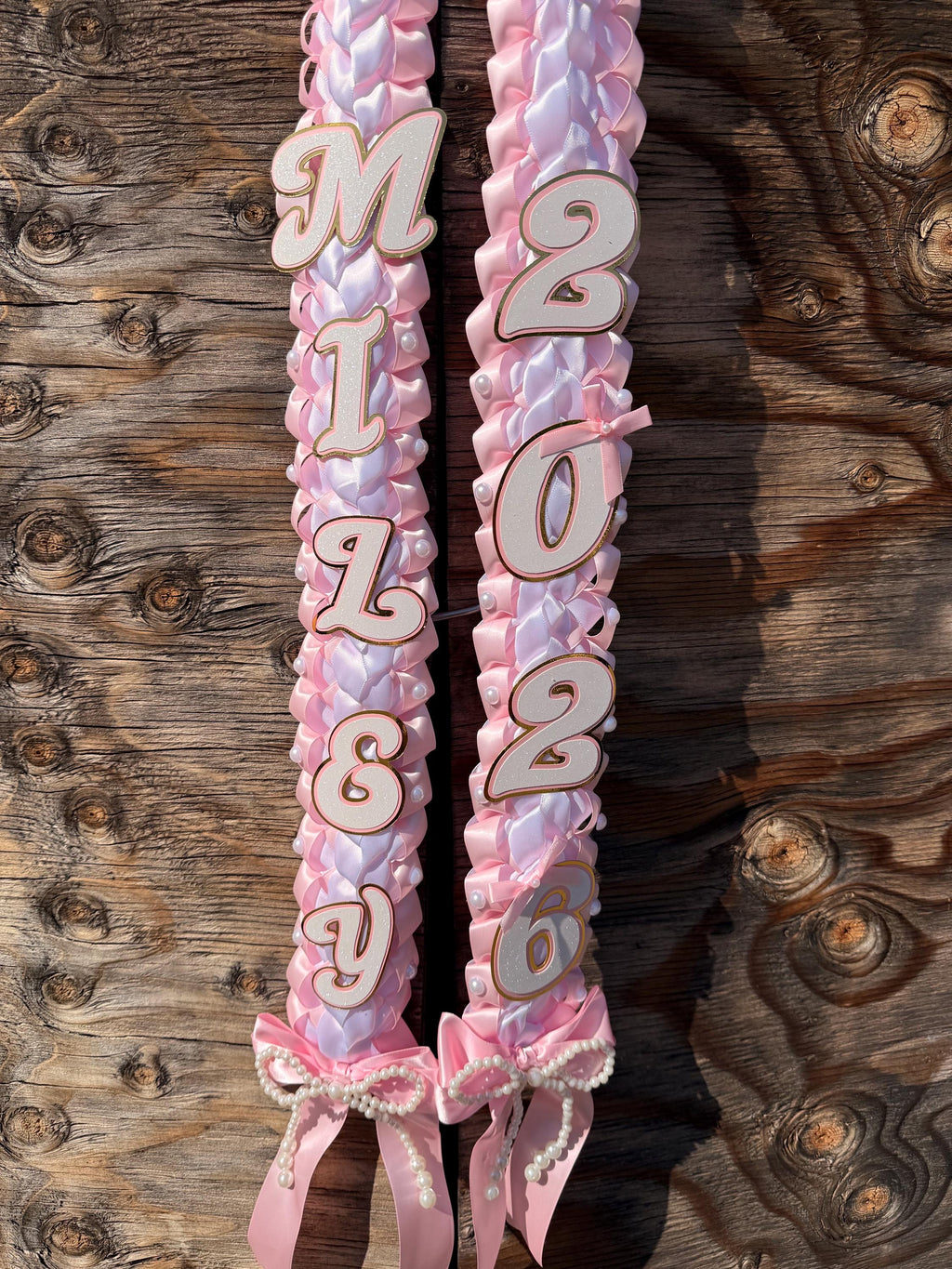 Coquette Graduation Ribbon Lei withPearl Accents, Class of 2026, Double braided lei