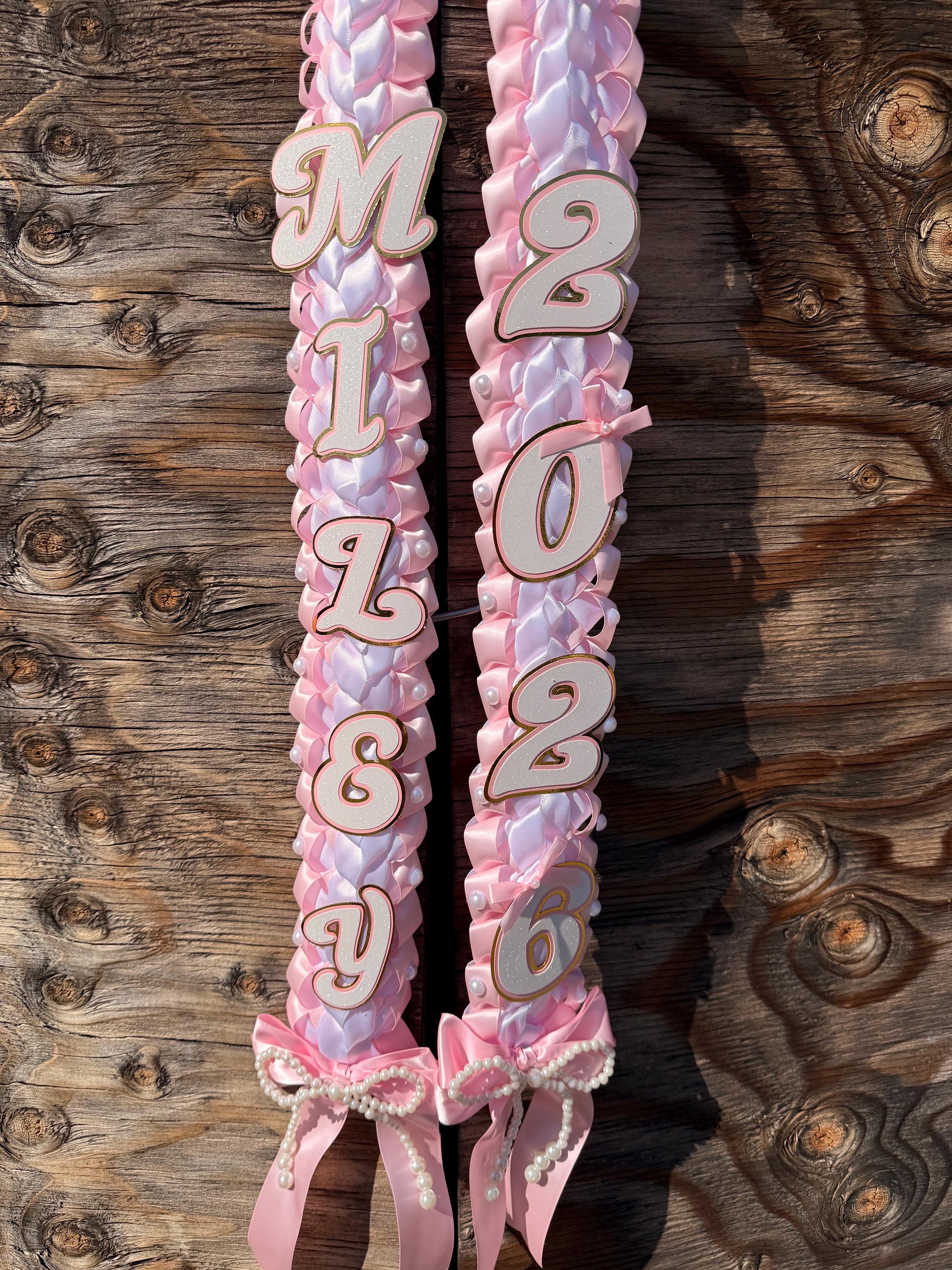 Coquette Graduation Ribbon Lei withPearl Accents, Class of 2026, Double braided lei