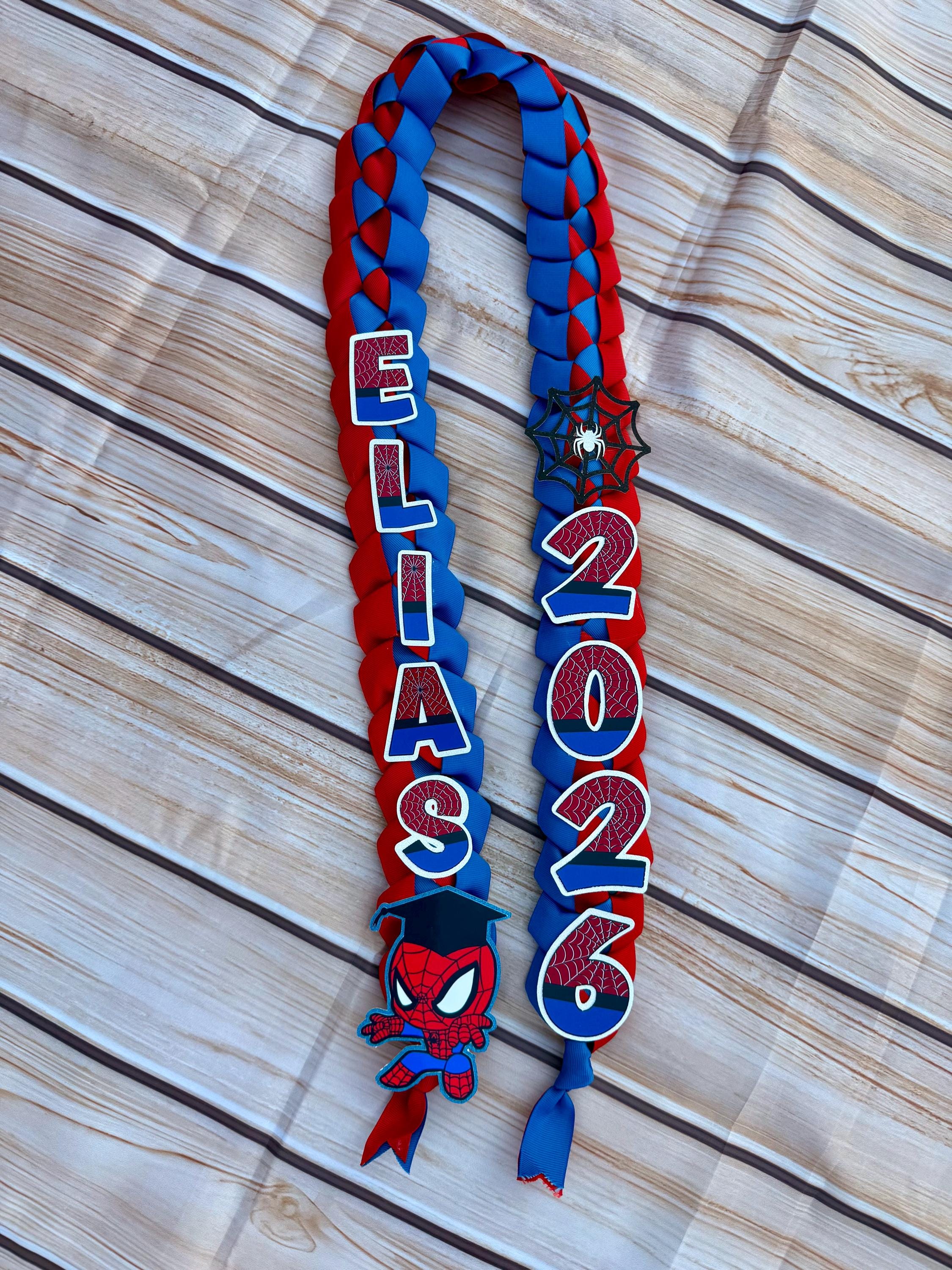 Handmade Spider Graduation Lei: Red & Blue Ribbon, Class of 2026