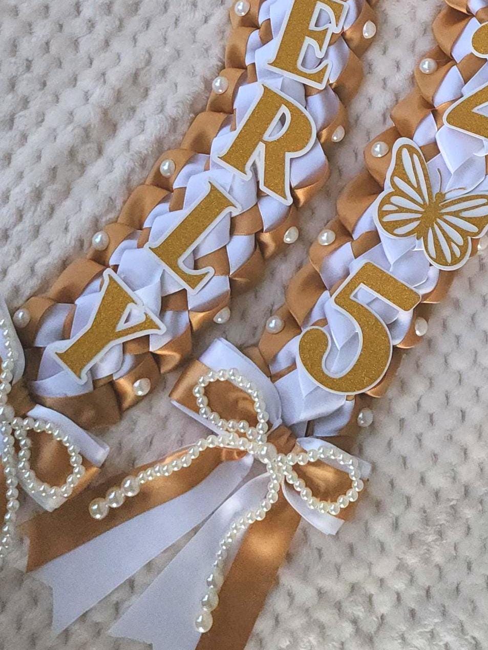 Coquette Pearl Graduation Ribbon Lei: Class of 2026, Senior Gift