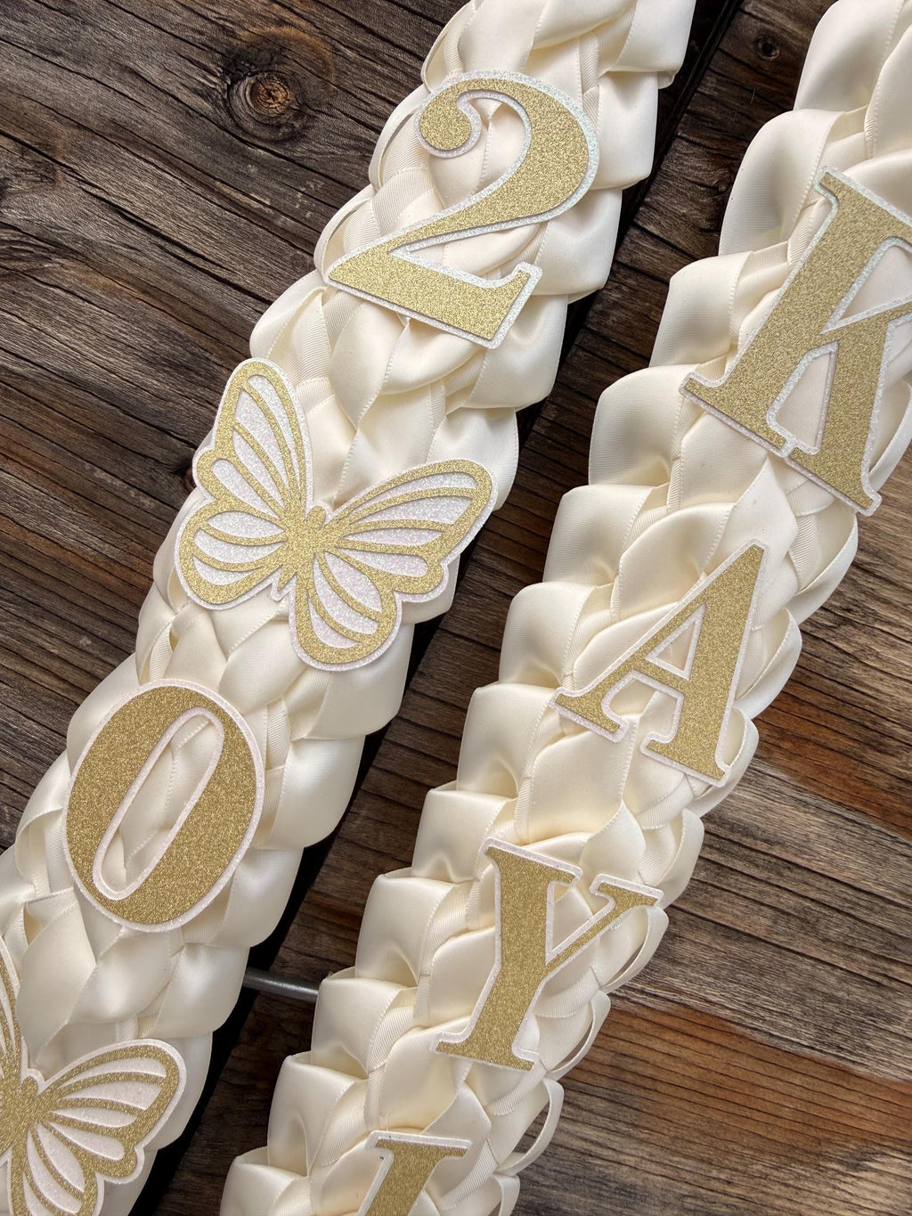 Graduation Lei: Ivory Satin Double Braid with Pearl Bows, Butterflies, Class of 2026
