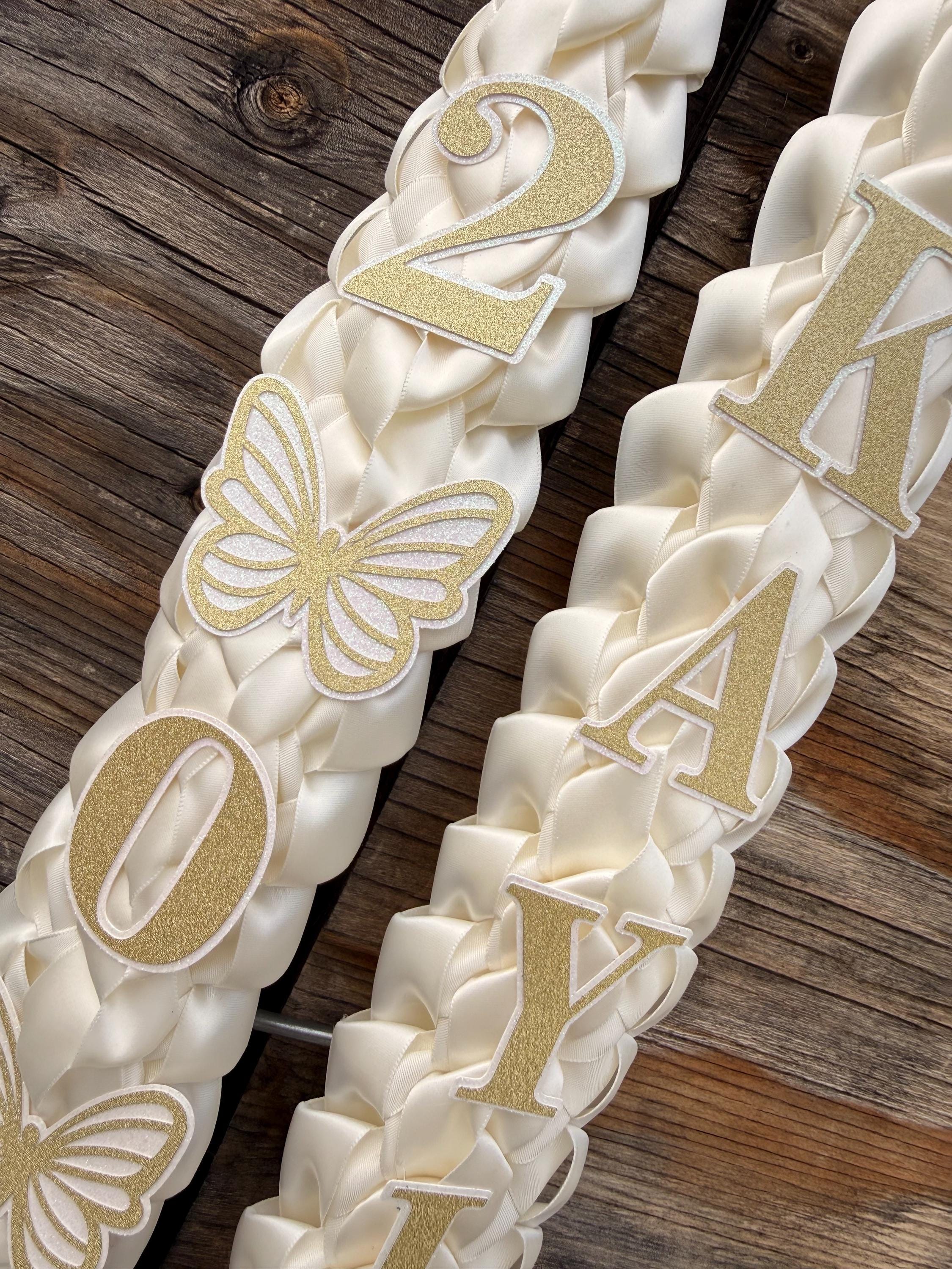 Graduation Lei: Ivory Satin Double Braid with Pearl Bows, Butterflies, Class of 2026