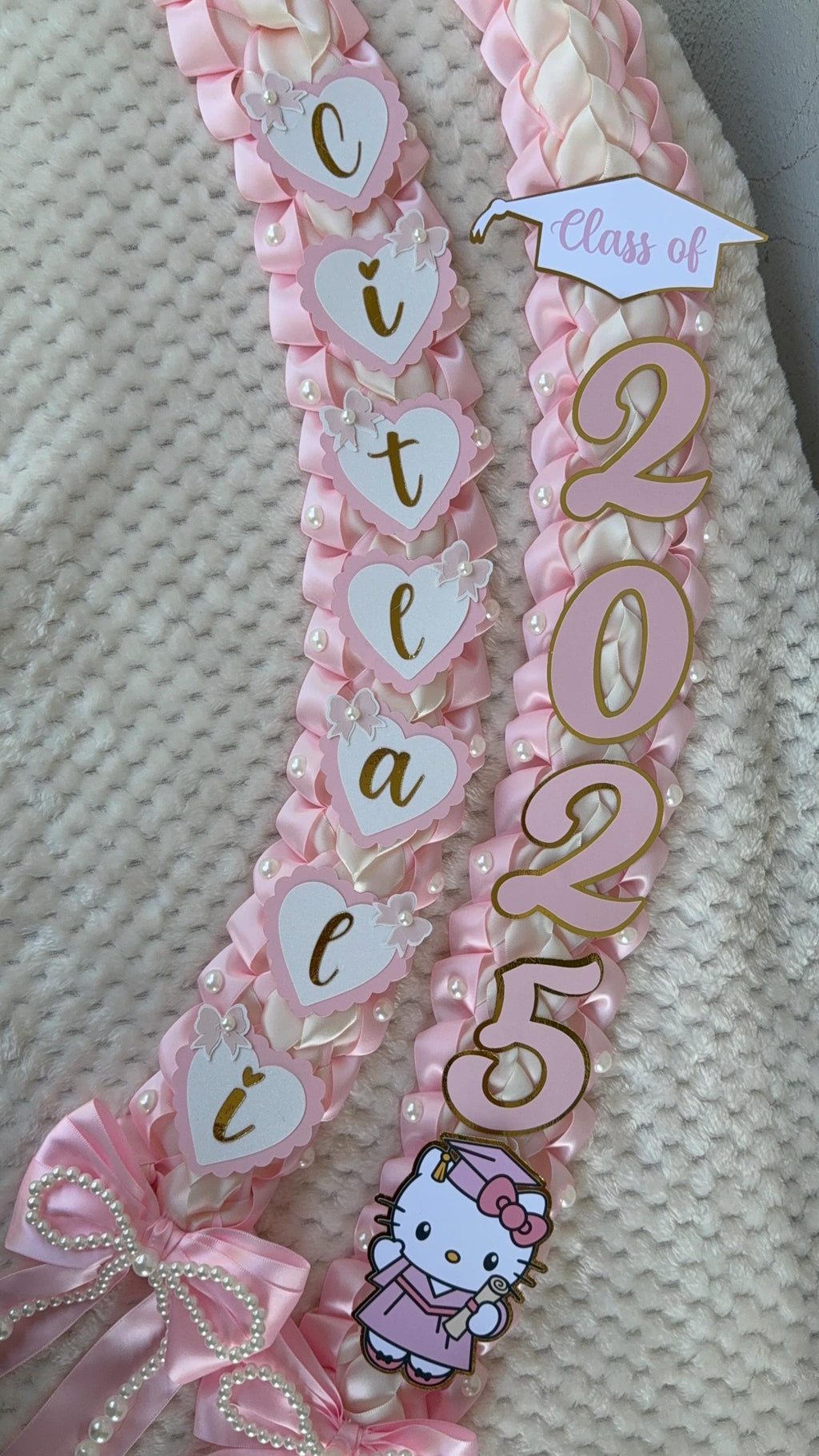 Coquette Graduation Ribbon Lei withPearl Accents, Class of 2026, Double braided lei