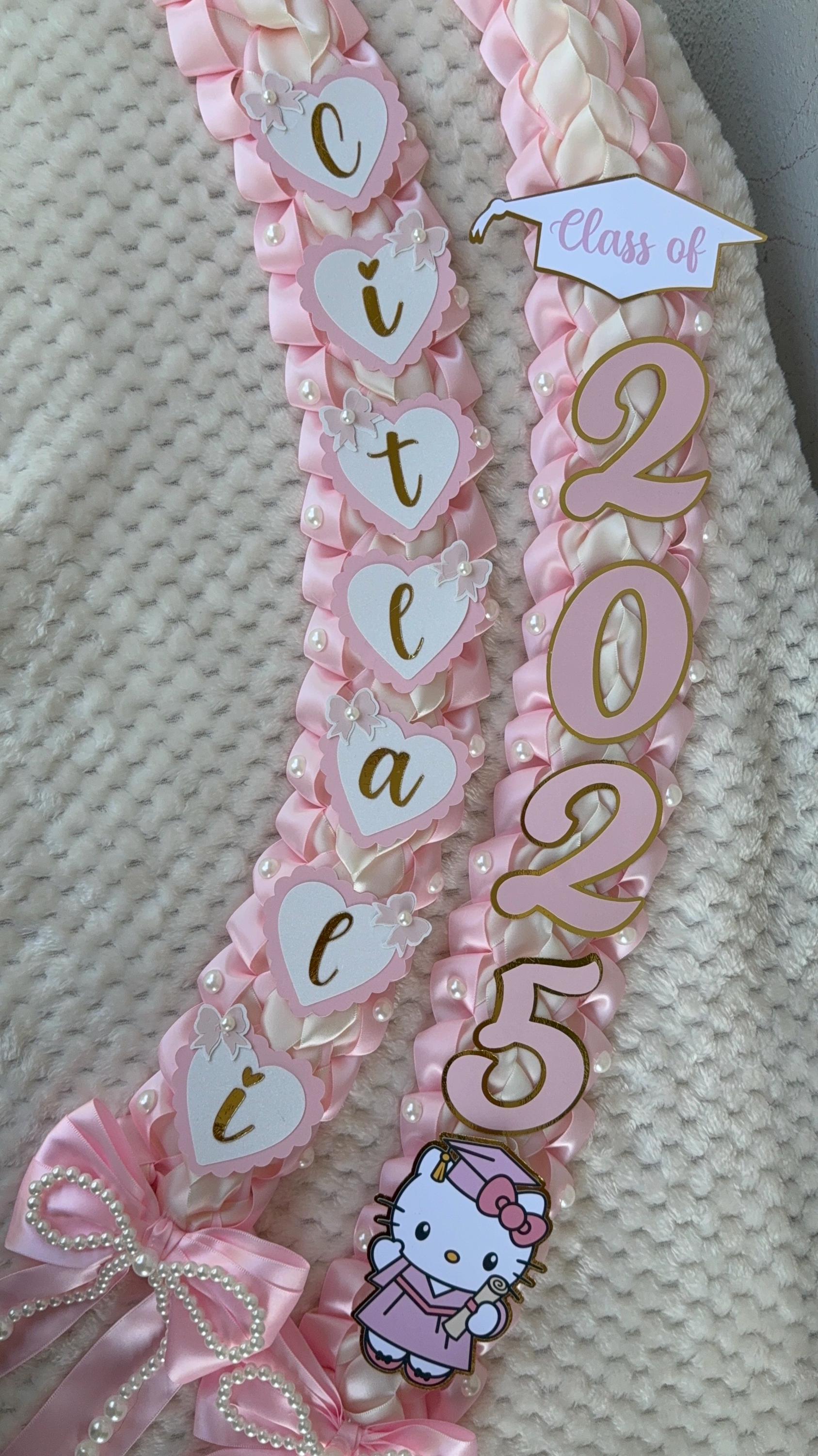 Coquette Graduation Ribbon Lei withPearl Accents, Class of 2026, Double braided lei