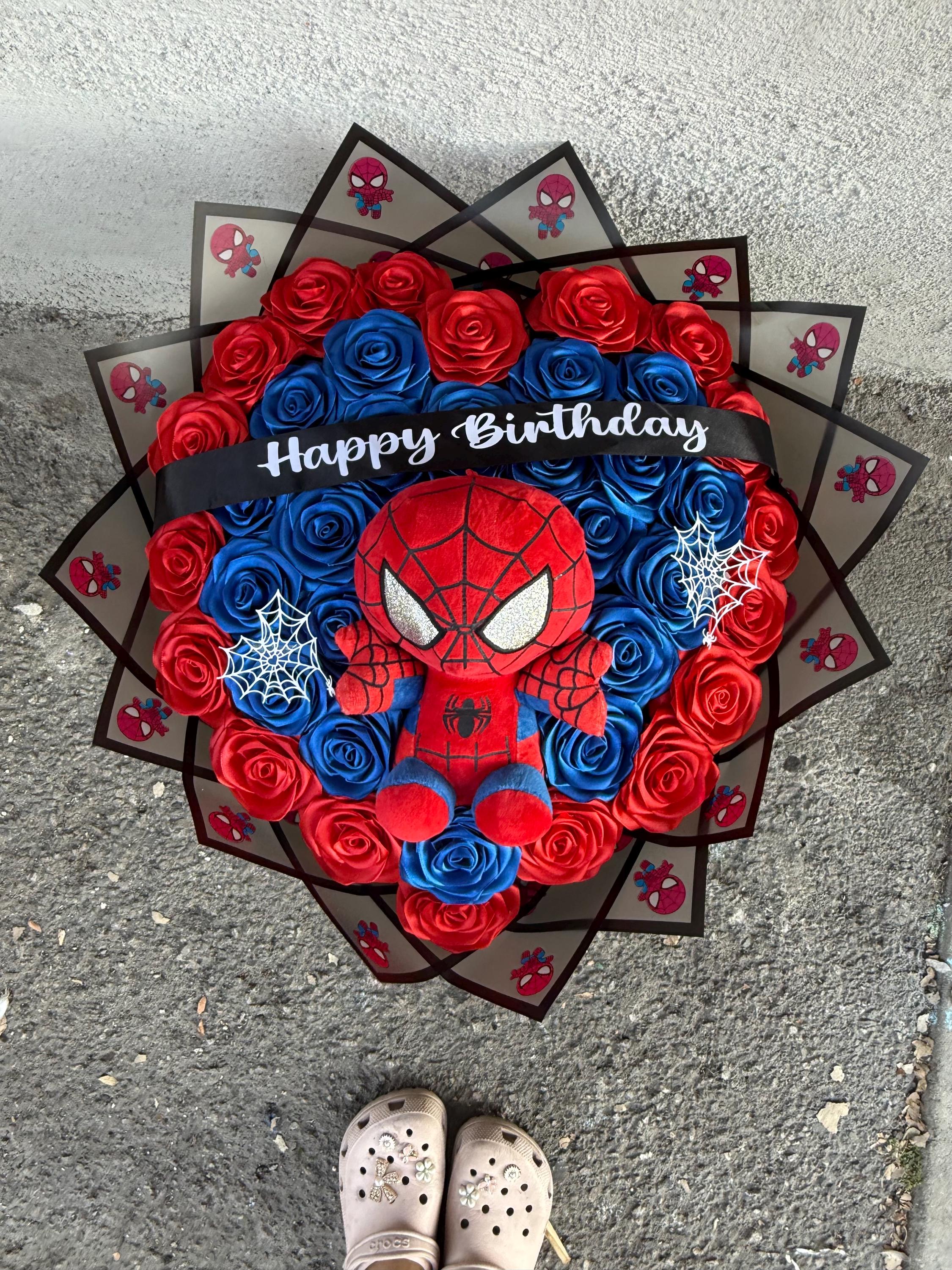 Handmade Satin Ribbon Rose Bouquet with Spider-Man Plushie