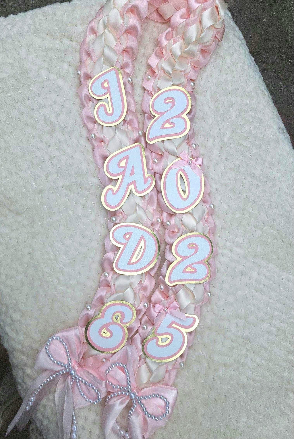 Coquette Graduation Ribbon Lei withPearl Accents, Class of 2026, Double braided lei
