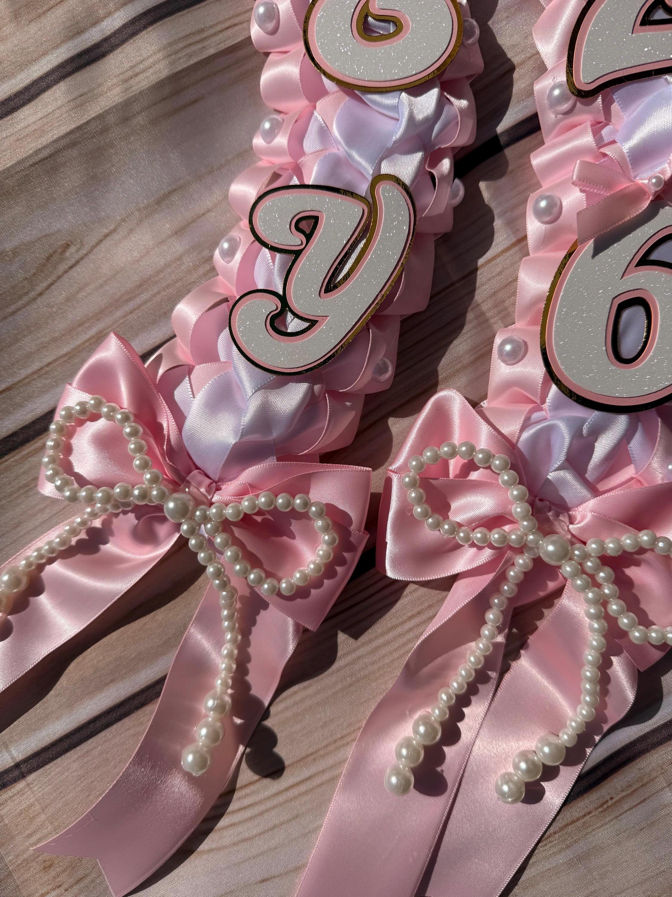 Coquette Graduation Ribbon Lei withPearl Accents, Class of 2026, Double braided lei