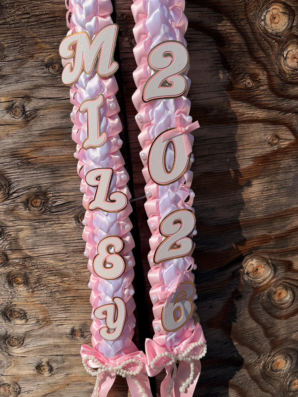 Coquette Graduation Ribbon Lei withPearl Accents, Class of 2026, Double braided lei