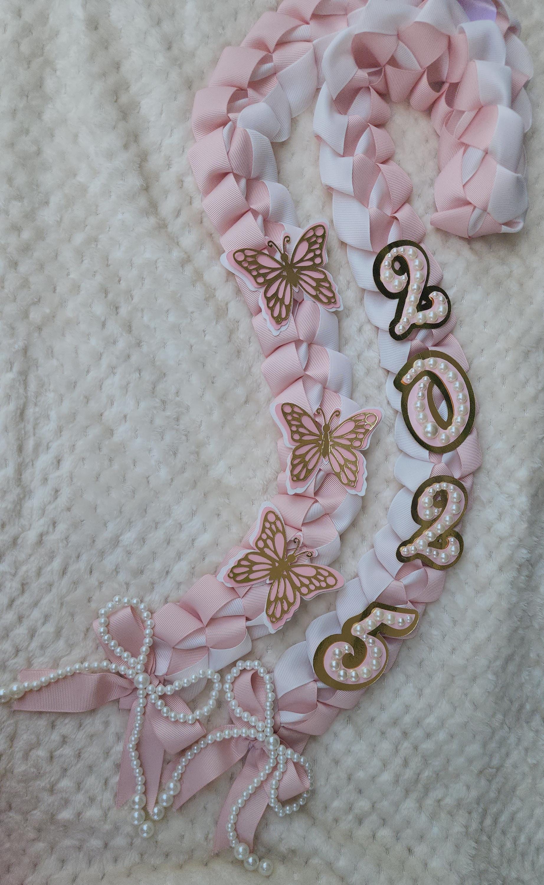Coquette Graduation Lei: Pink Ribbon Lei with Pearl Accents, Class of 2026