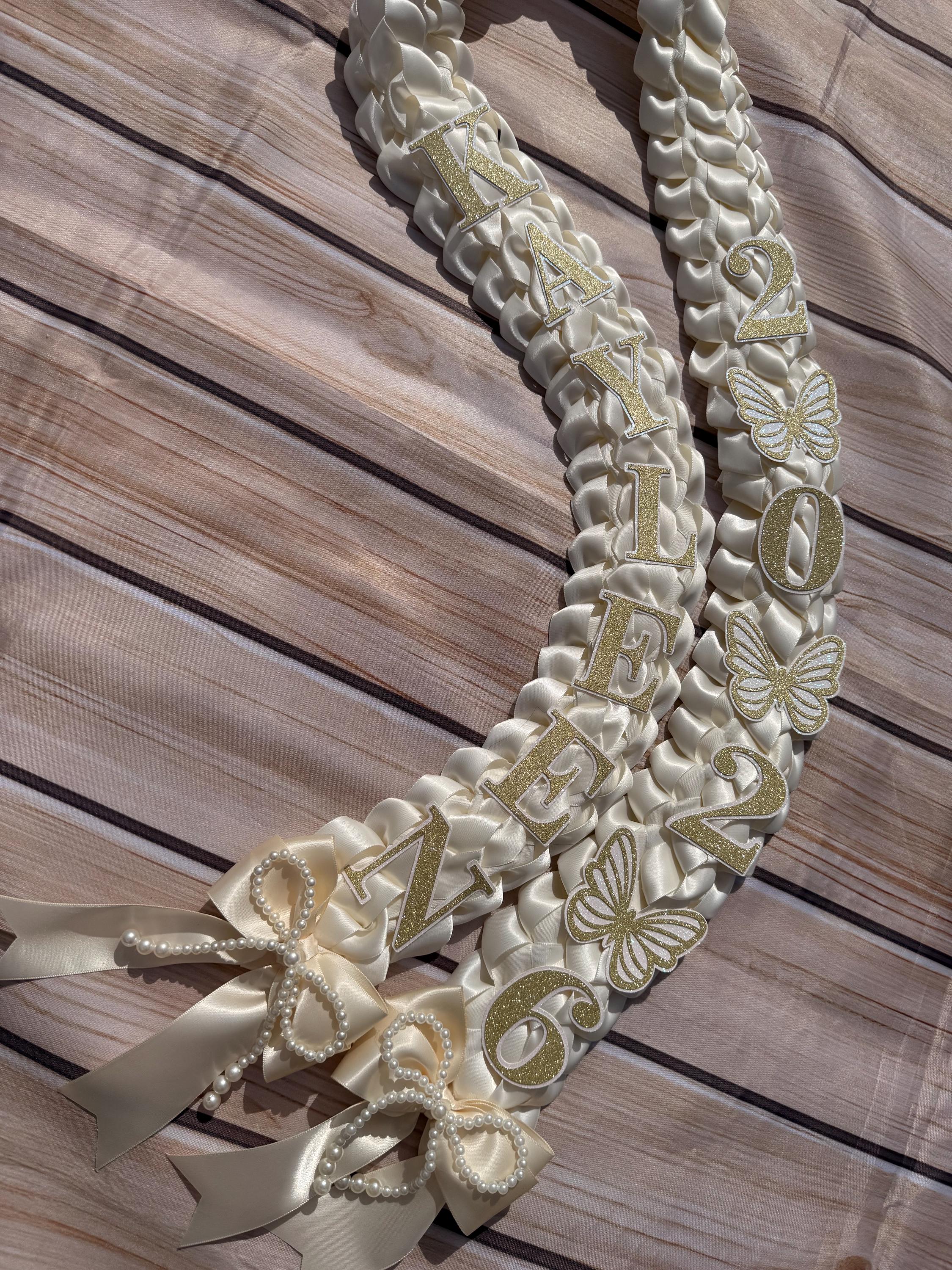 Graduation Lei: Ivory Satin Double Braid with Pearl Bows, Butterflies, Class of 2026