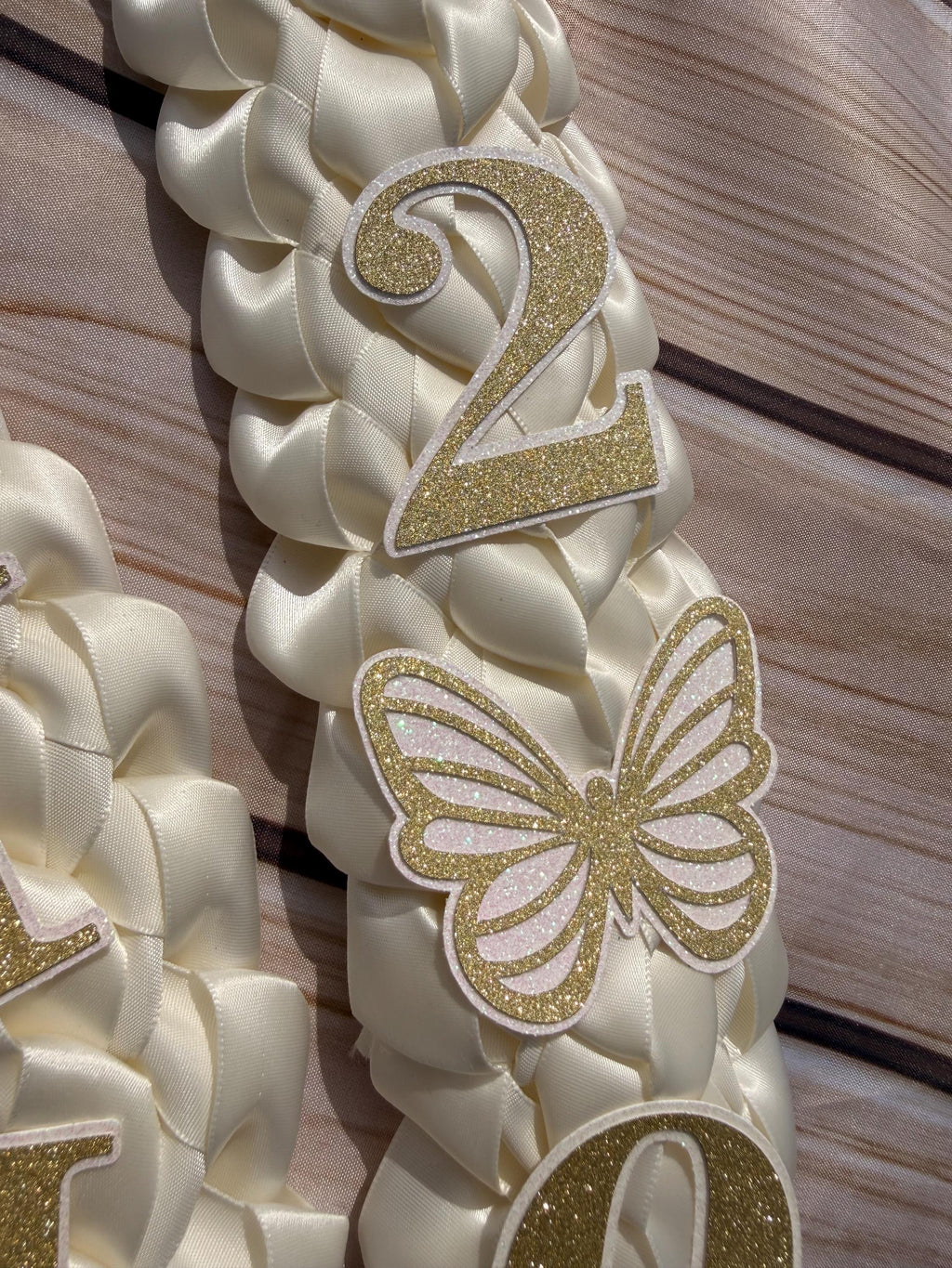 Graduation Lei: Ivory Satin Double Braid with Pearl Bows, Butterflies, Class of 2026
