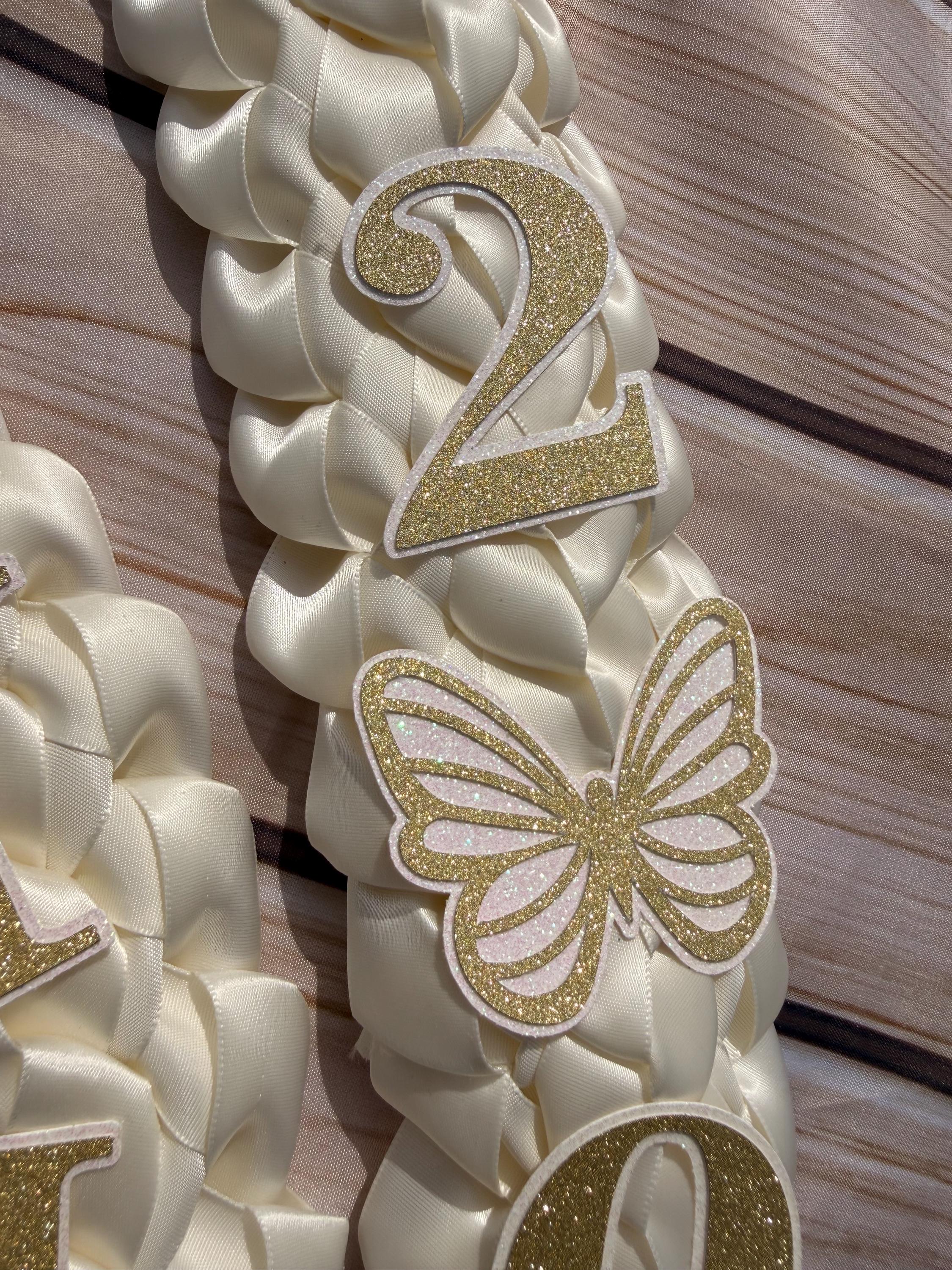 Graduation Lei: Ivory Satin Double Braid with Pearl Bows, Butterflies, Class of 2026