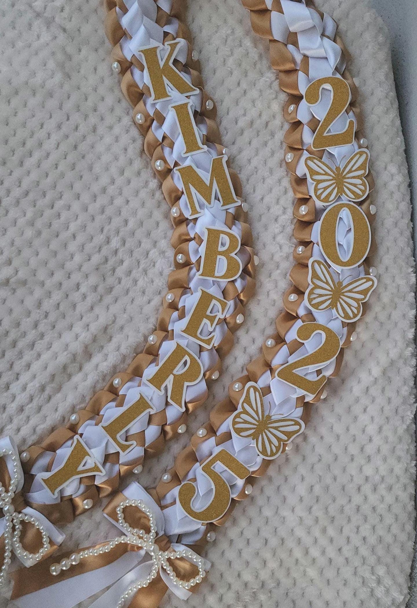 Coquette Pearl Graduation Ribbon Lei: Class of 2026, Senior Gift