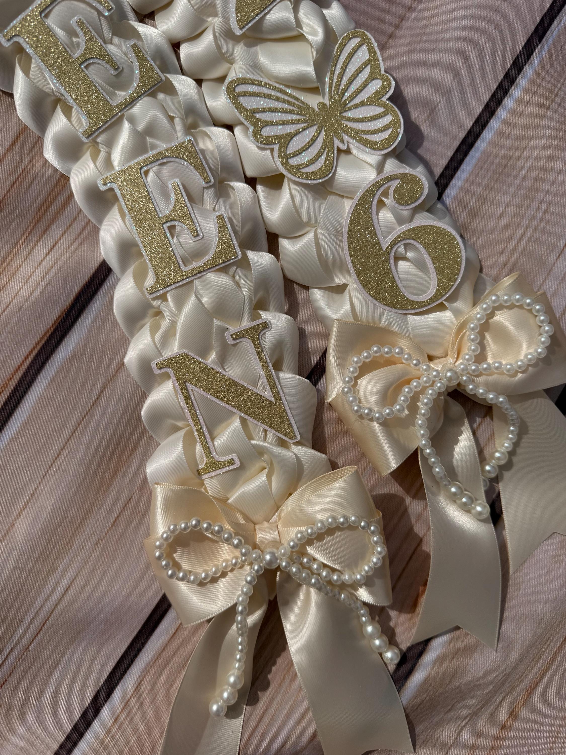 Graduation Lei: Ivory Satin Double Braid with Pearl Bows, Butterflies, Class of 2026