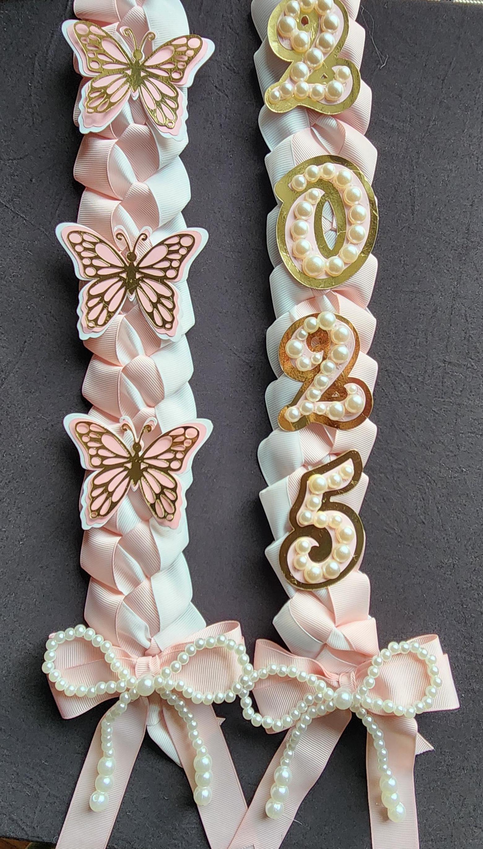 Coquette Graduation Lei: Pink Ribbon Lei with Pearl Accents, Class of 2026