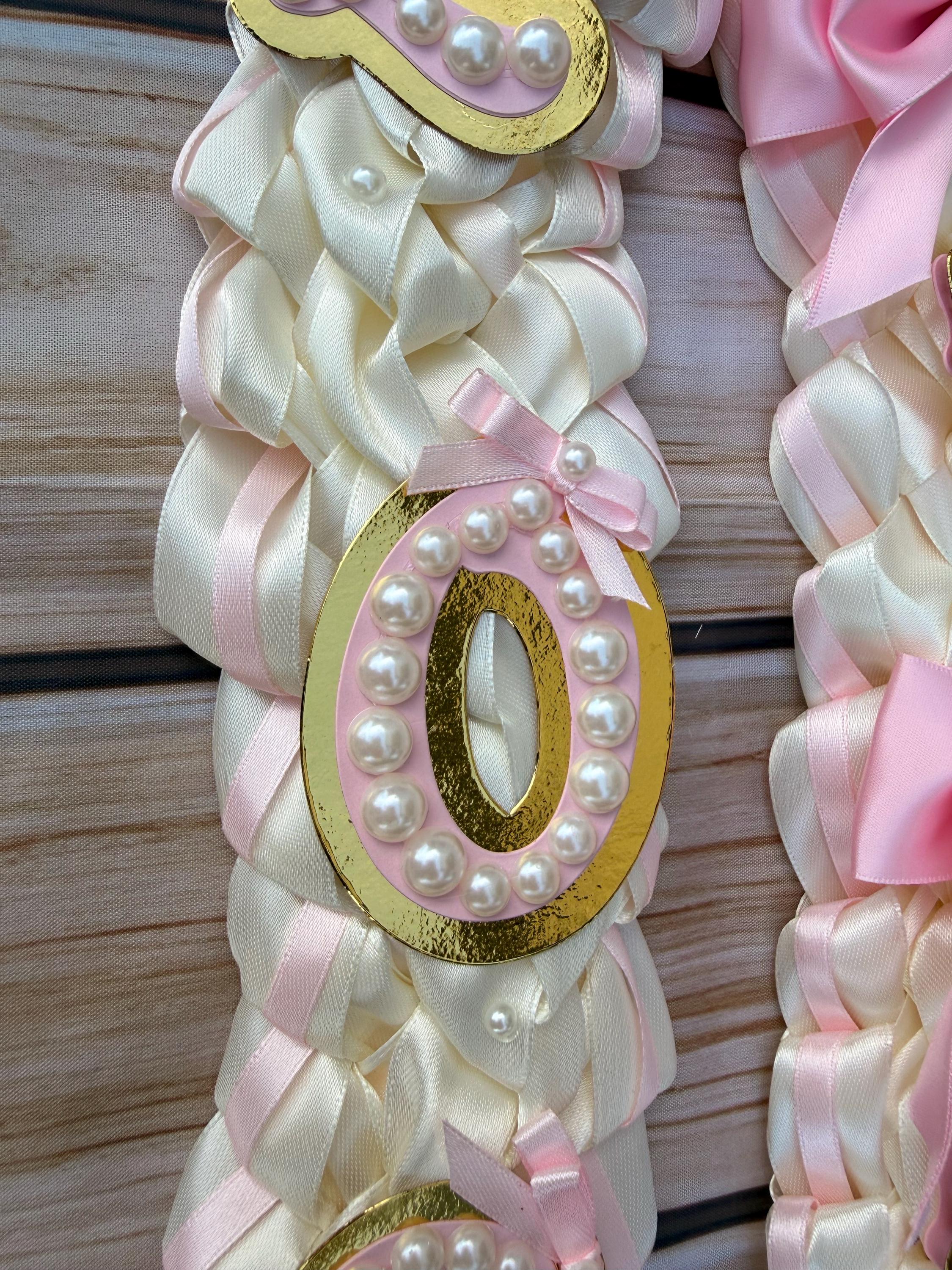 Coquette Graduation Ribbon Lei withPearl Accents, Class of 2026, Double braided lei