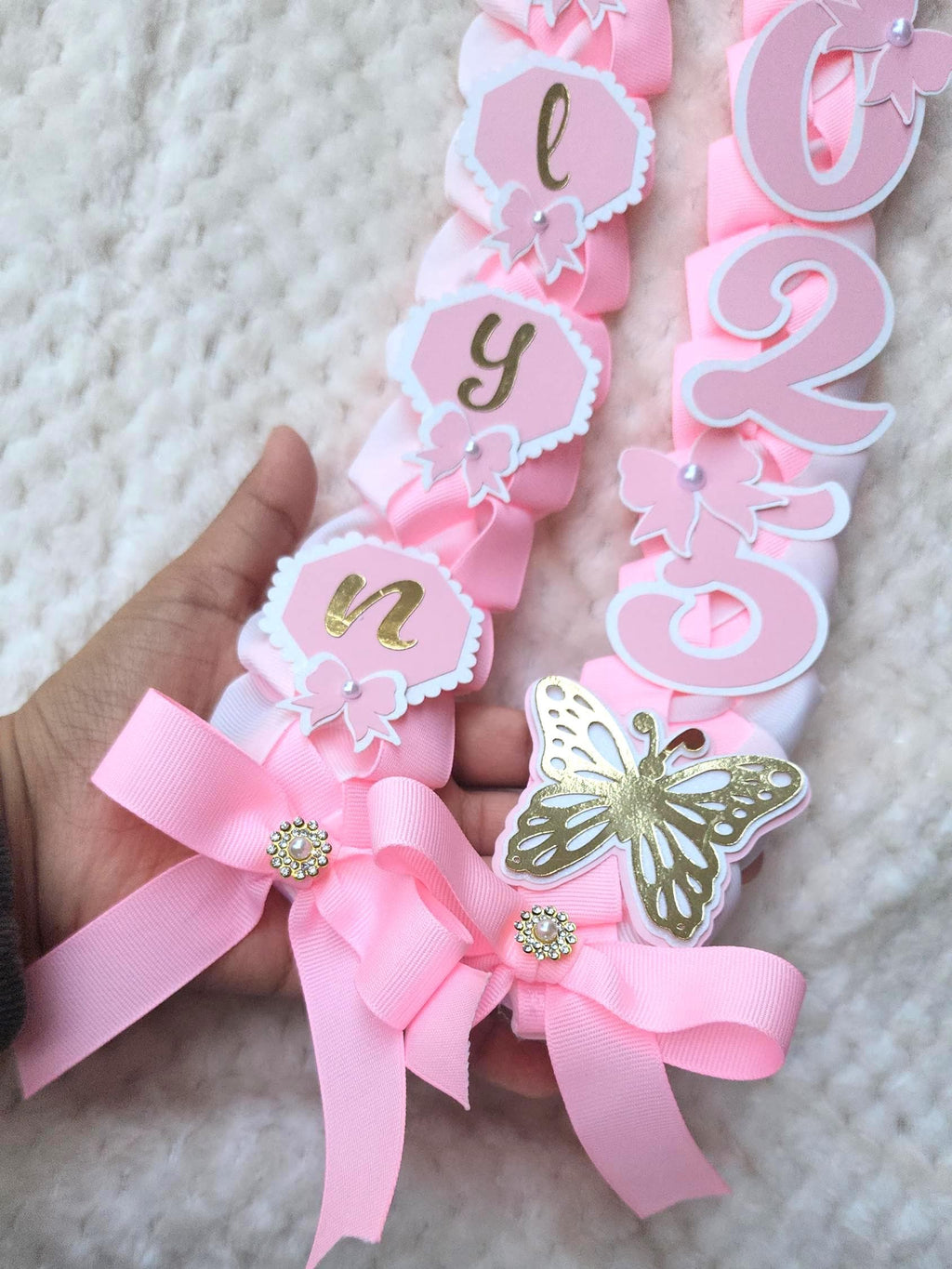 Coquette Graduation Ribbon Lei with Pink Bows and Butterfly Embellishments, Class of 2026 gift