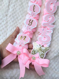 Coquette Graduation Ribbon Lei with Pink Bows and Butterfly Embellishments, Class of 2026 gift