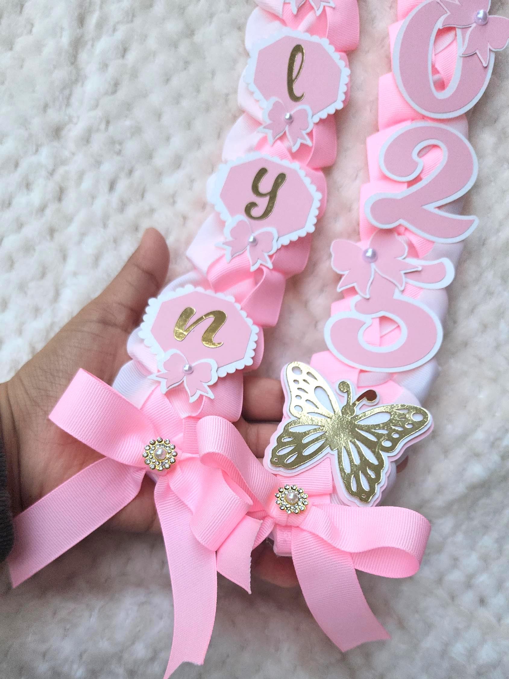 Coquette Graduation Ribbon Lei with Pink Bows and Butterfly Embellishments, Class of 2026 gift