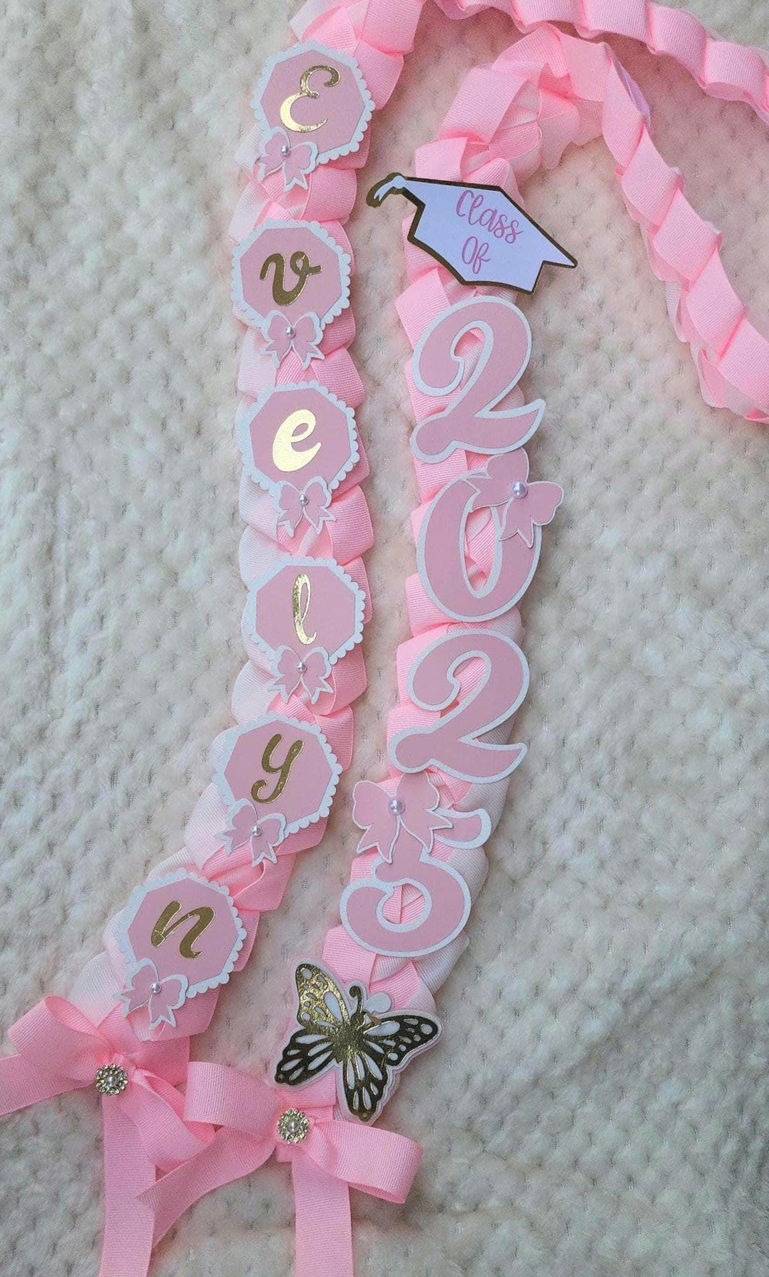 Coquette Graduation Ribbon Lei with Pink Bows and Butterfly Embellishments, Class of 2026 gift