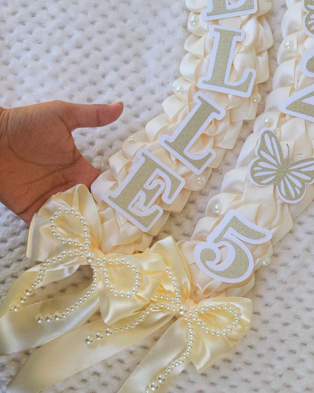 Coquette Graduation Ribbon Lei withPearl Accents, Class of 2026, Double braided lei